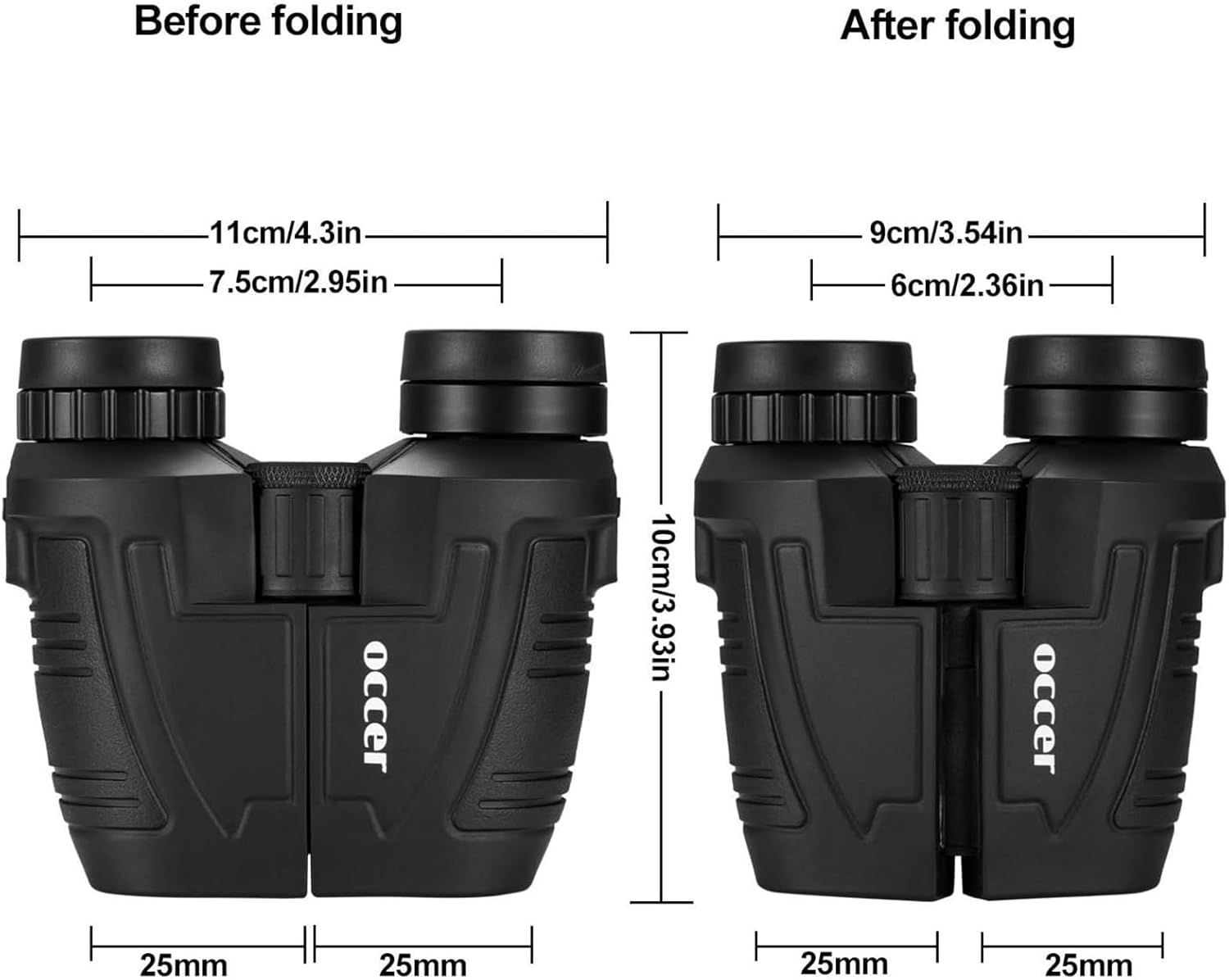 Demonstrates the binoculars compact folding capability and provides exact physical dimensions before and after folding to show portability and space-saving…