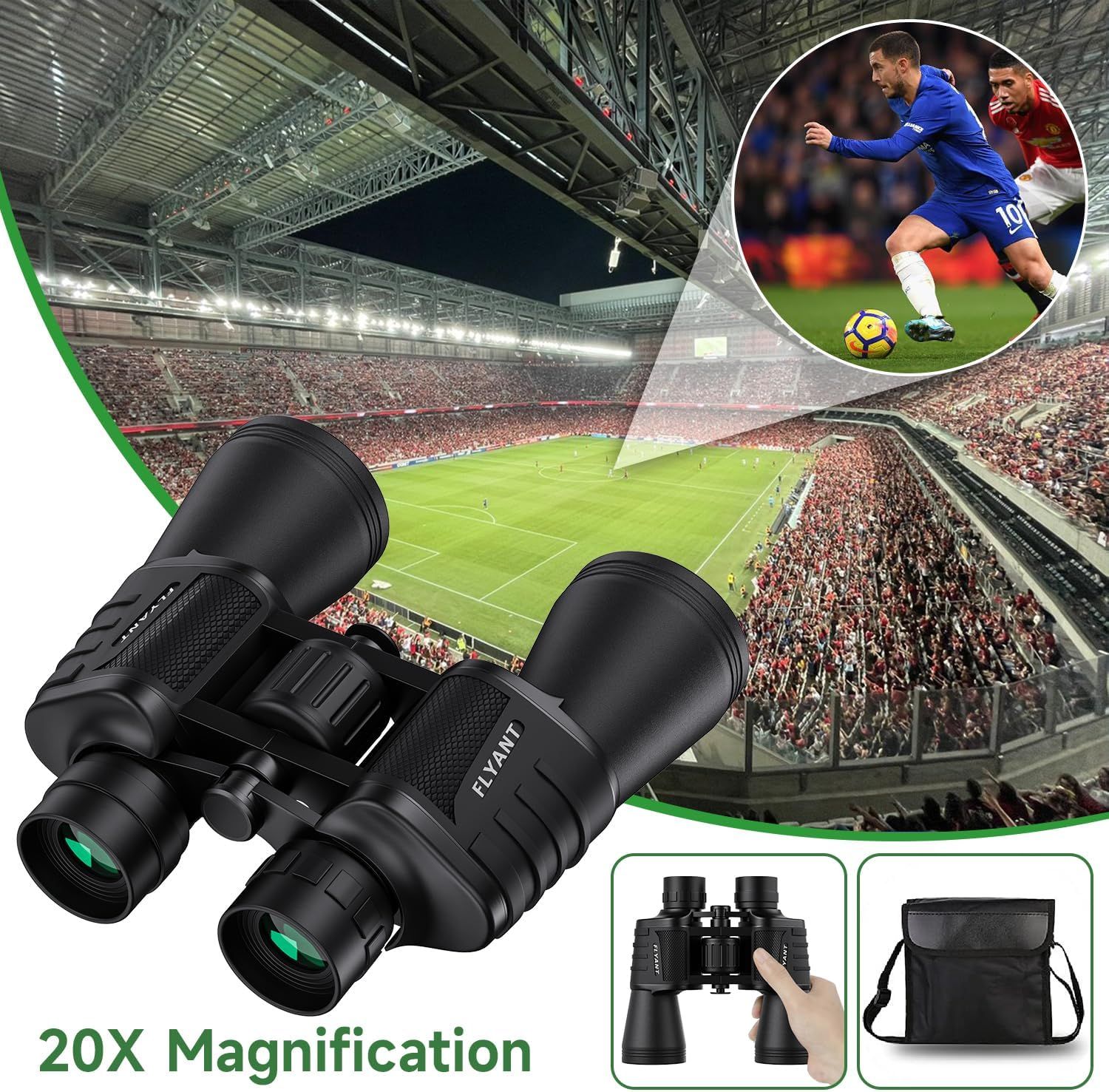 Demonstrates the binoculars powerful magnification for sports viewing and highlights the complete package with carrying case to reassure shoppers of its value…