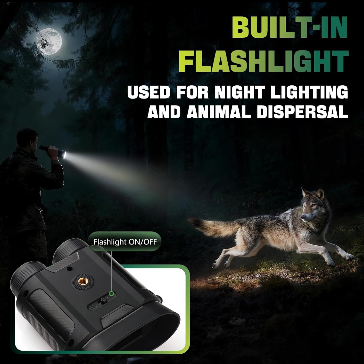 Demonstrates two distinct use cases for the built-in flashlight feature: providing illumination at night and deterring wildlife, reassuring shoppers of the…