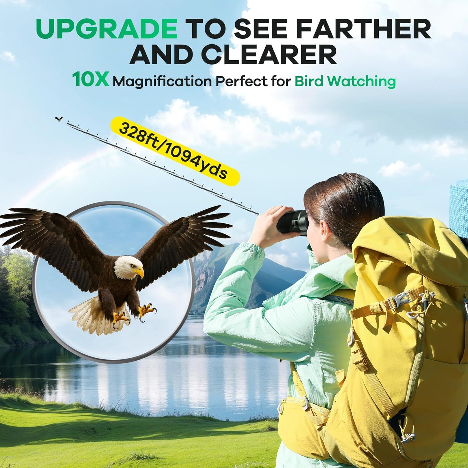 Communicates the powerful magnification capability and viewing distance to demonstrate the product's performance for bird watching and outdoor observation.…