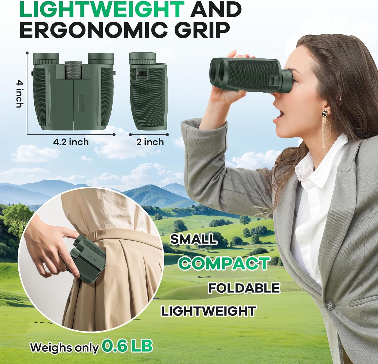 Communicates multiple key benefits of the binoculars including lightweight design, ergonomic grip, compact foldable size, and portability to reassure shoppers…