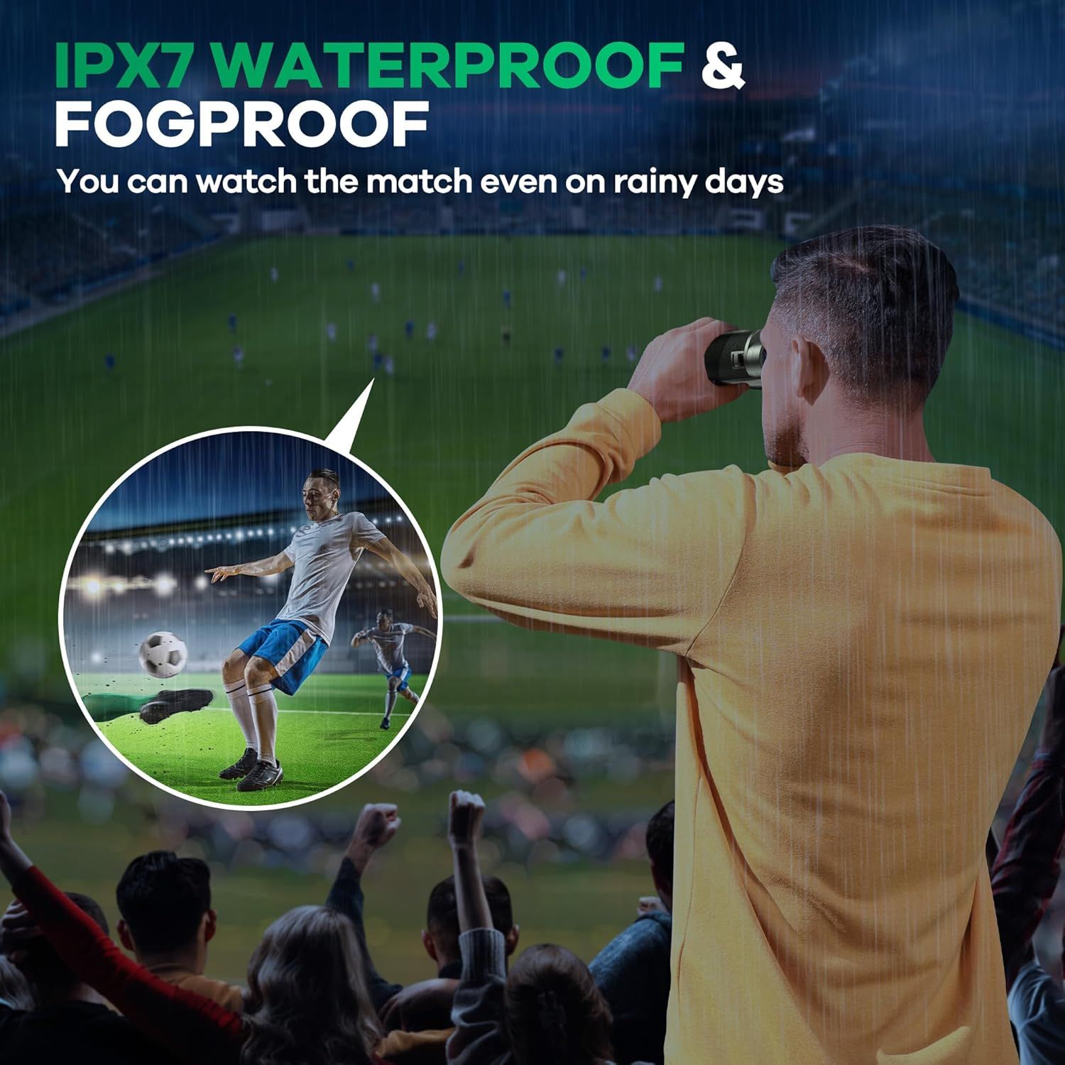 Communicates that the product (binoculars) is waterproof and fogproof, reassuring shoppers they can use it reliably in rainy or wet conditions. Highlights the…