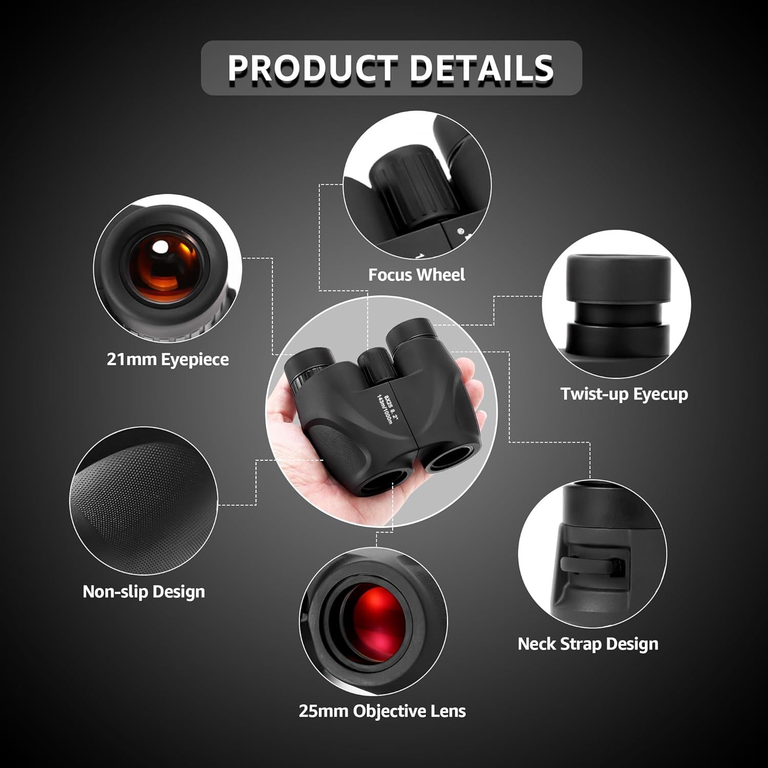 This image breaks down the binoculars by highlighting and labeling its key physical components and design features to help shoppers understand the product's…