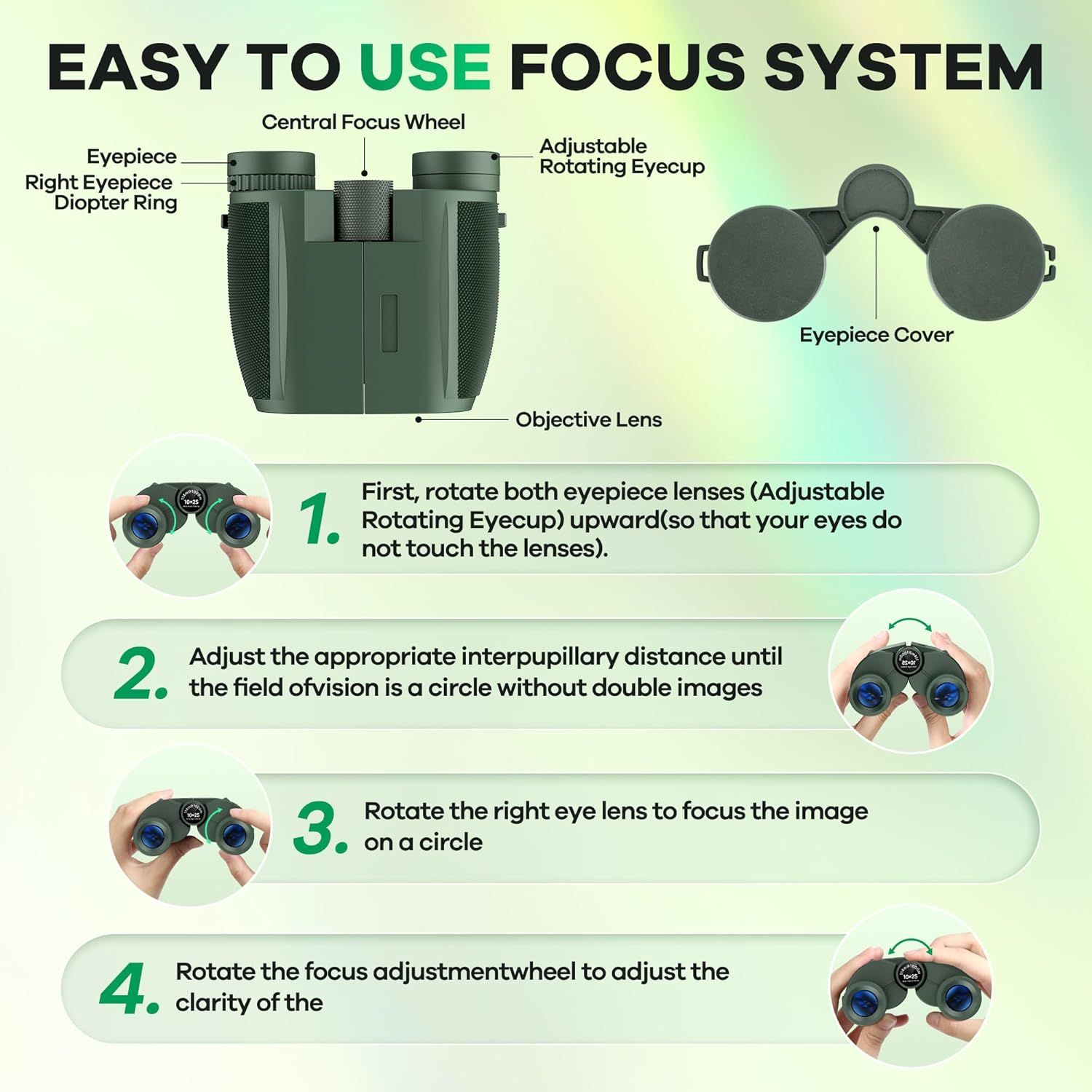 Provides step-by-step instructions on how to properly adjust and focus the binoculars for optimal viewing, helping shoppers understand the setup process.…