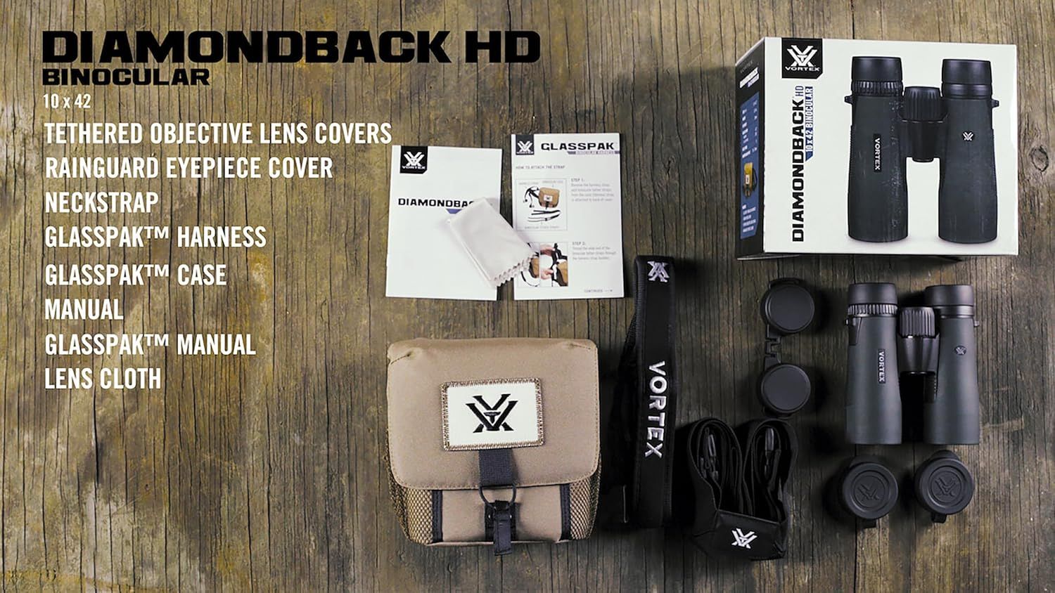 Shows everything included with the binoculars purchase to help shoppers understand the full value of the package including accessories, manuals, case, and…