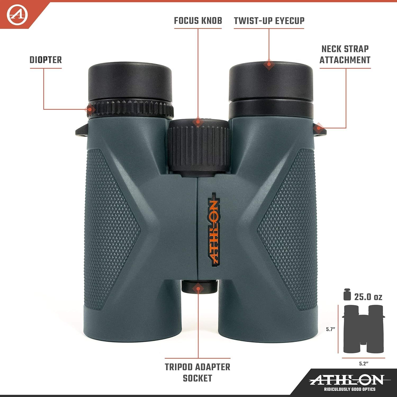 This image breaks down the physical components and features of the binoculars to help shoppers understand the product's construction and functional parts.