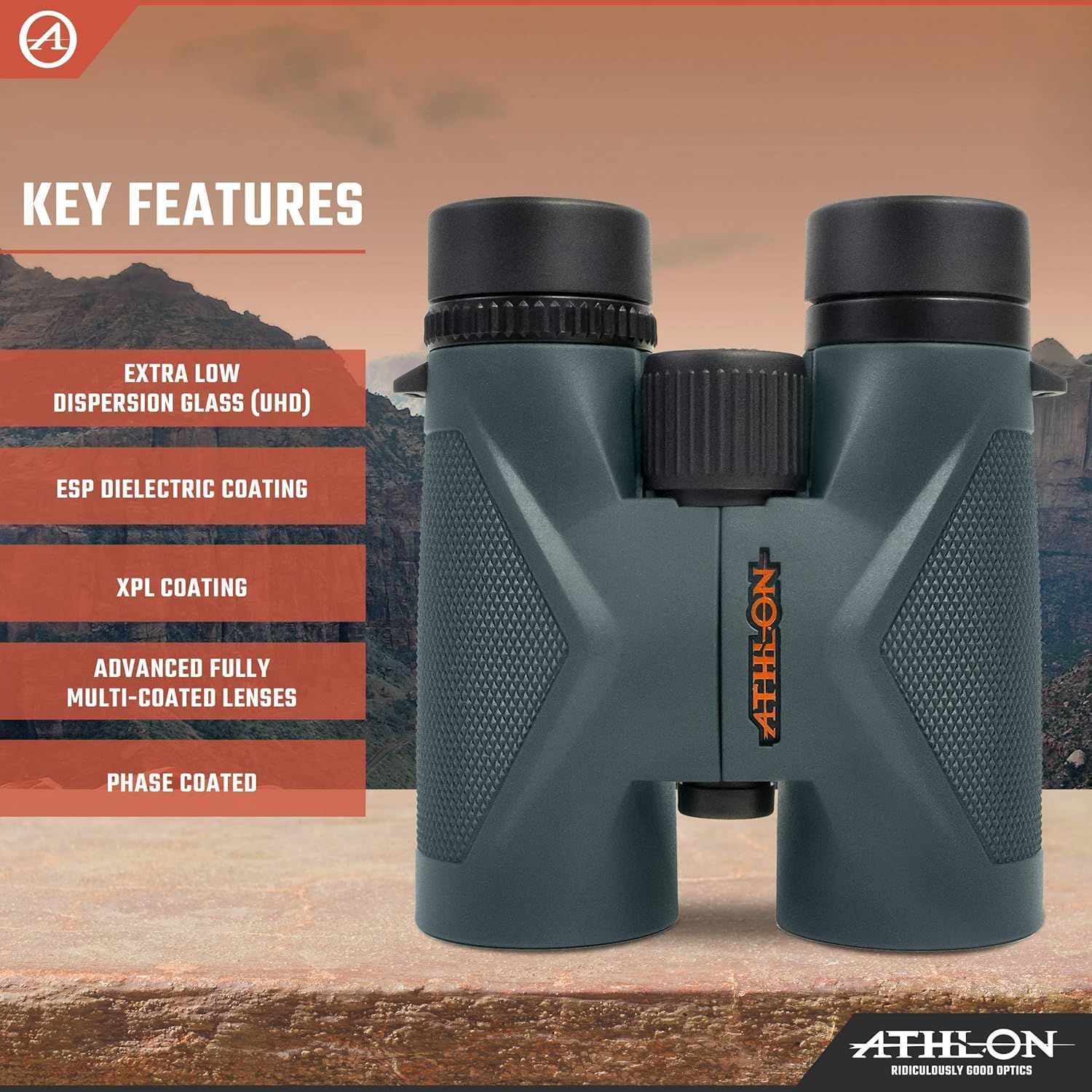 Communicates multiple technical features and lens coating technologies to demonstrate the optical quality and performance capabilities of the binoculars.