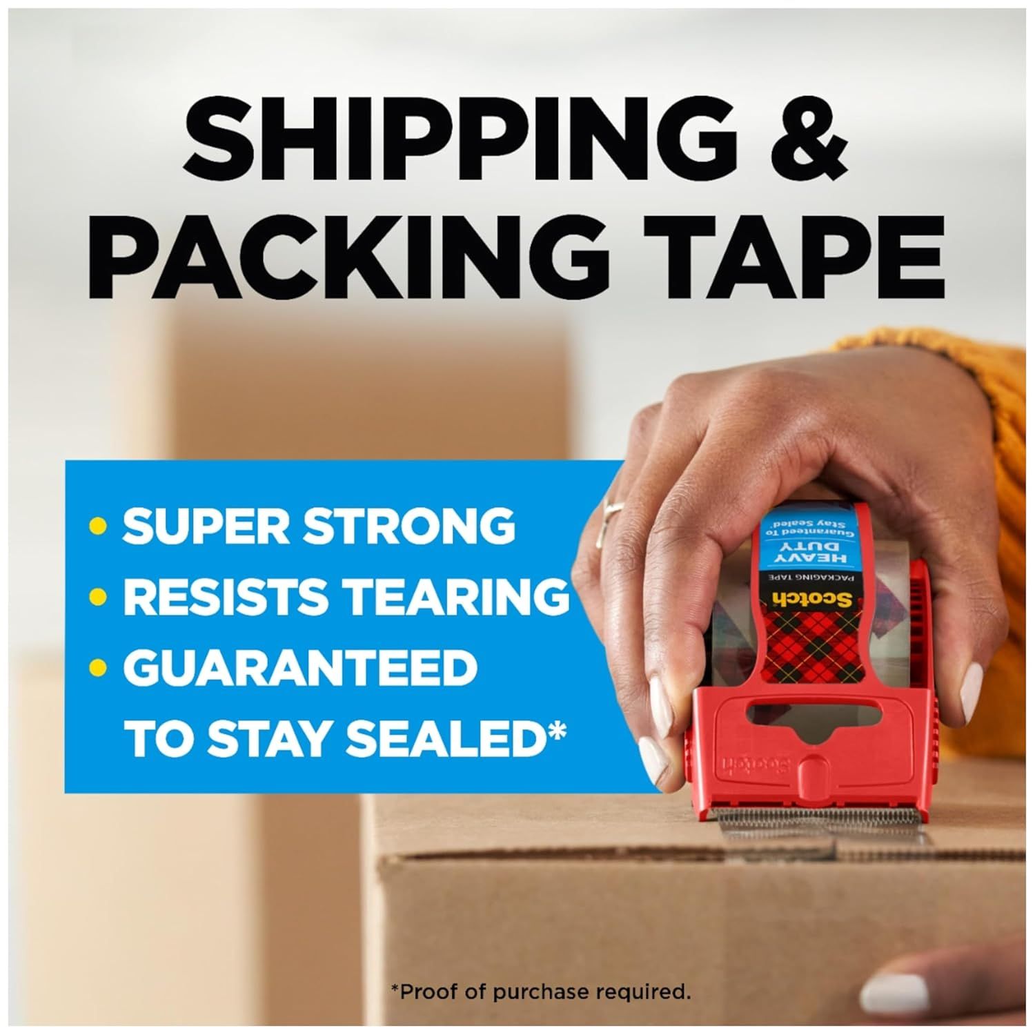 Communicates multiple key benefits of the packing tape in a bulleted list format to reassure shoppers of its strength, durability, and reliability for shipping needs.