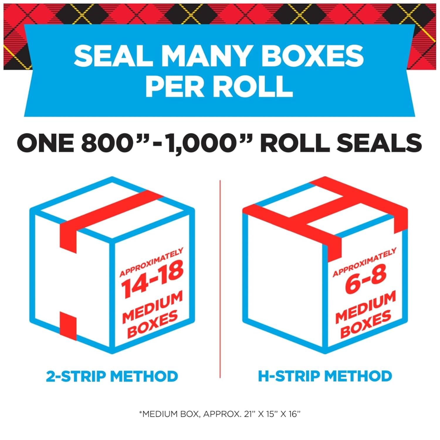 Communicates the high capacity of the packing tape roll by showing it can seal 800-1000 inches worth of boxes, helping shoppers understand the product's value and longevity. Demonstrates two…