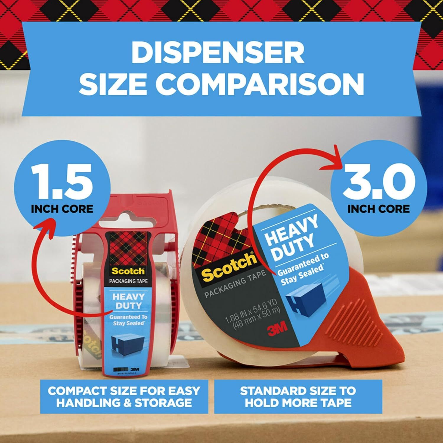 Shows the brand's two dispenser size options (1.5 inch core vs 3.0 inch core) to help shoppers choose the right product for their needs based on portability or capacity.