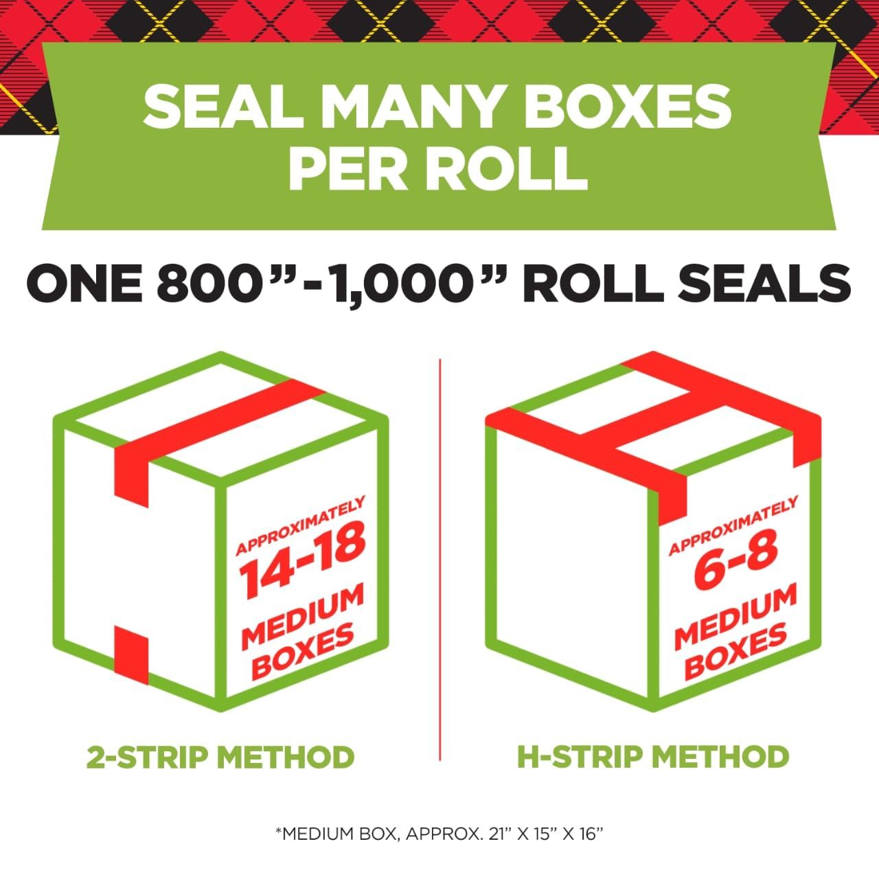Communicates the high sealing capacity of one roll by showing how many medium boxes can be sealed using different tape application methods. Demonstrates two different tape application methods and…