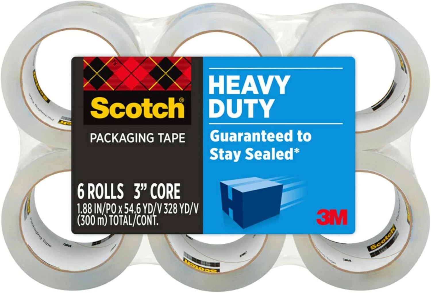 Shows the customer exactly what they will receive in the package: 6 rolls of Scotch Heavy Duty packaging tape with 3-inch core.