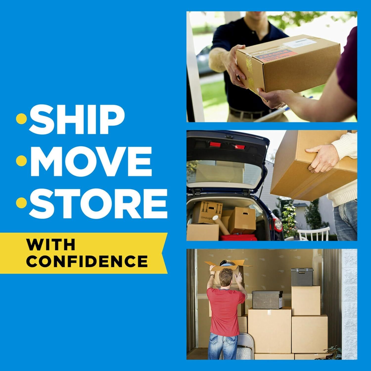 Demonstrates the multiple use cases for the product or service across shipping, moving, and storage scenarios to show versatility and broad applicability.