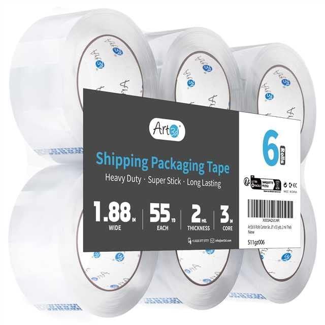 Communicates the precise dimensions and specifications of the shipping tape to help shoppers understand the product capacity and suitability for their needs. Shows that the customer receives 6 rolls…