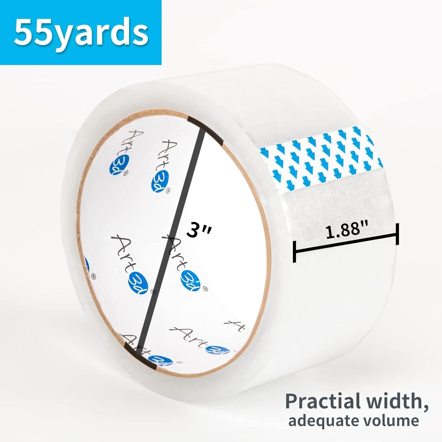 Communicates the physical width of the tape roll (1.88 inches) and its length (55 yards) to help shoppers understand the product size and volume they will receive. Highlights that the tape has a…