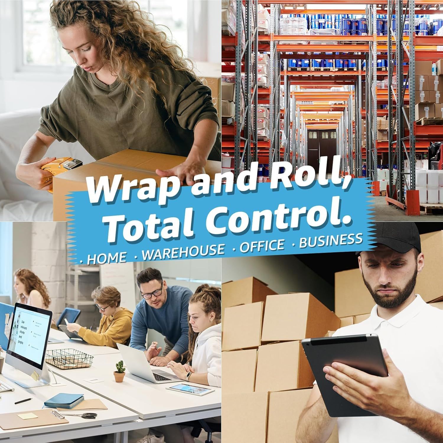 Demonstrates the product's versatility by showing it can be used in multiple environments including home, warehouse, office, and business settings to reassure shoppers of its broad applicability.