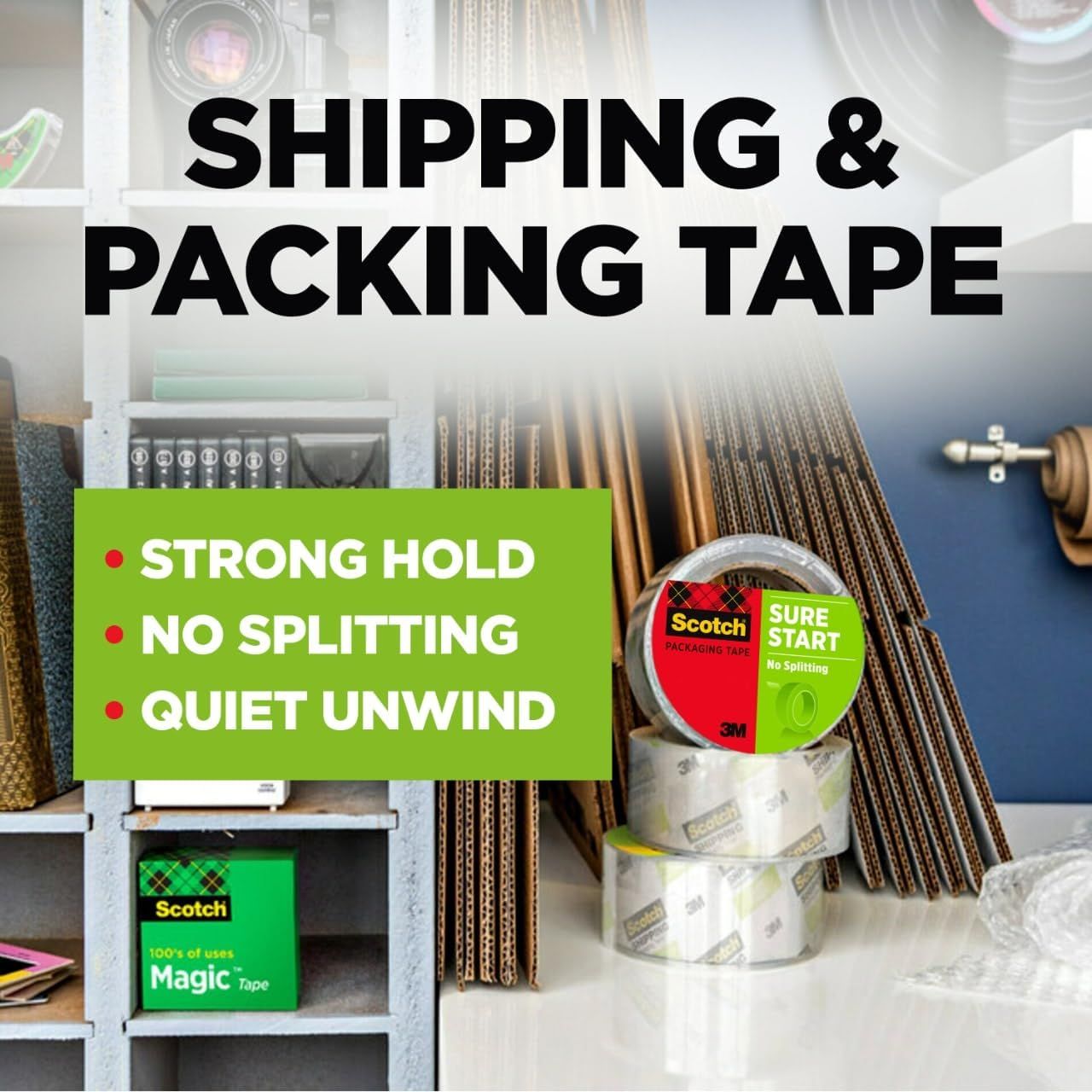 Communicates three distinct benefits of the packing tape in a segmented layout to reassure shoppers about the product's performance and ease of use.