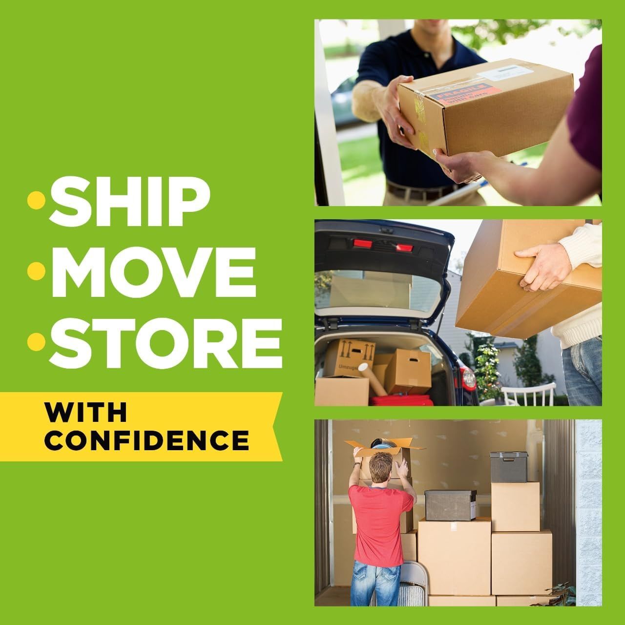 Demonstrates the versatility of the product by showing three distinct use scenarios: receiving packages, loading items into a vehicle, and storing boxes in a storage unit.