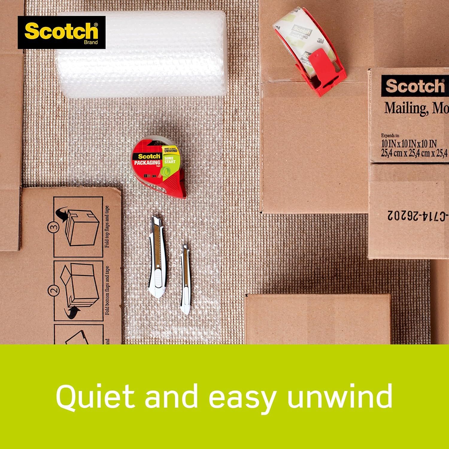 Shows all the items included with the Scotch packaging product, including bubble wrap, tape dispensers, box cutters, and mailing boxes, to help shoppers understand the complete kit they will receive.