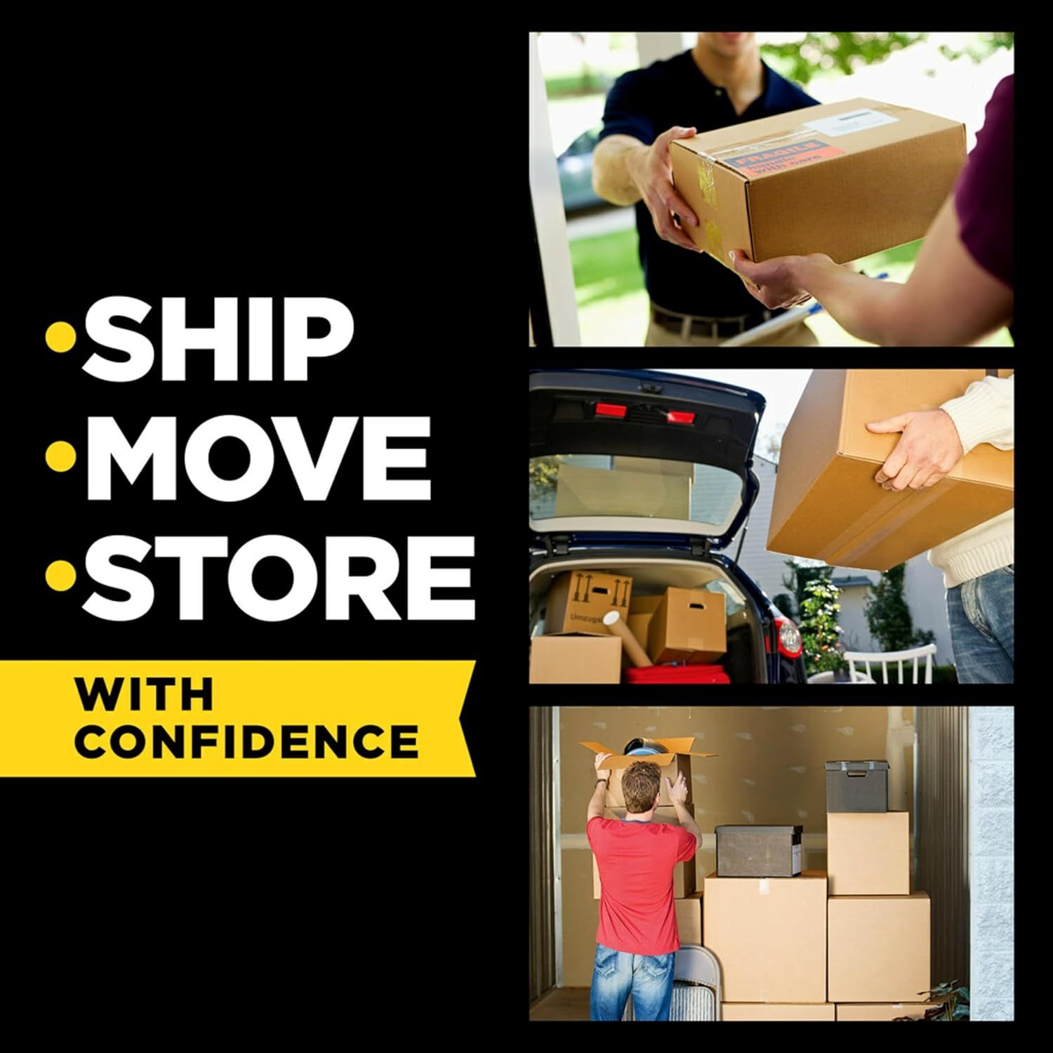 Demonstrates the versatility of the product by showing three distinct use scenarios: receiving deliveries, loading a vehicle for moving, and organizing storage spaces.