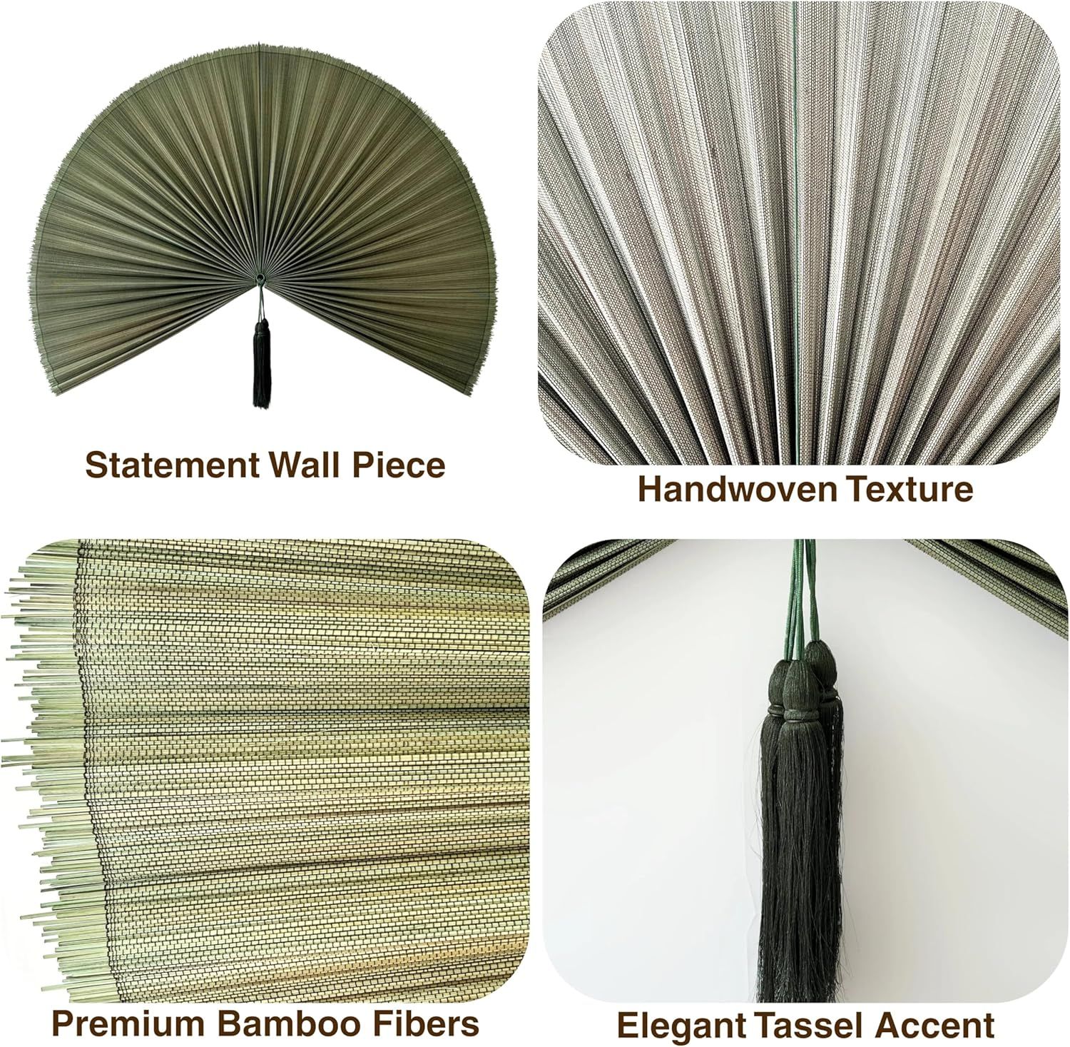 Showcases four distinct product features in a segmented grid layout to communicate the decorative appeal, craftsmanship, material quality, and design detail of the wall decor piece.