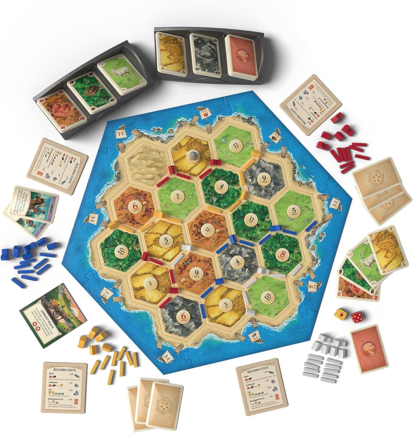 Shows all the components included in the board game package, including the game board, cards, resource pieces, dice, and player pieces, to help shoppers…