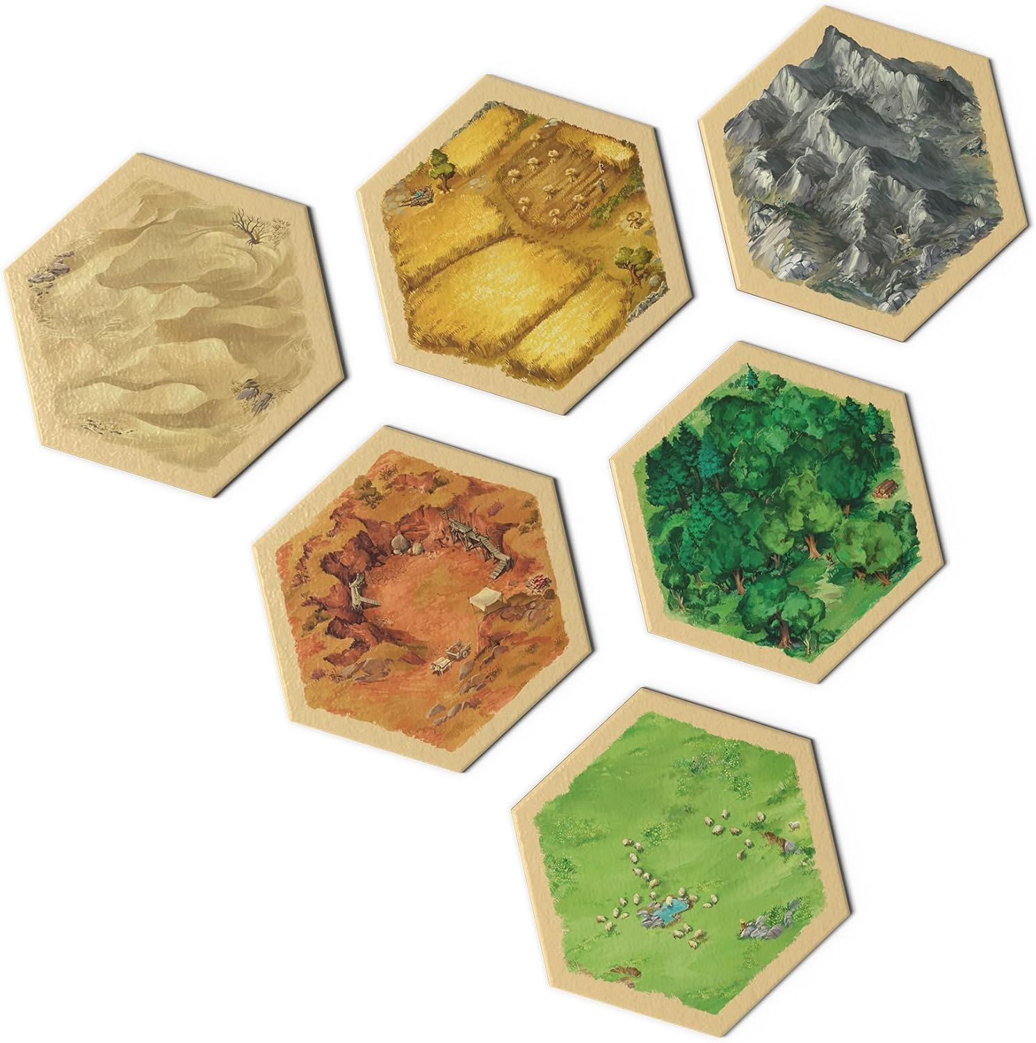 Shows all the hexagonal terrain tiles included in the game set, demonstrating the variety of landscapes (desert, farmland, mountains, forest, pasture, clay)…