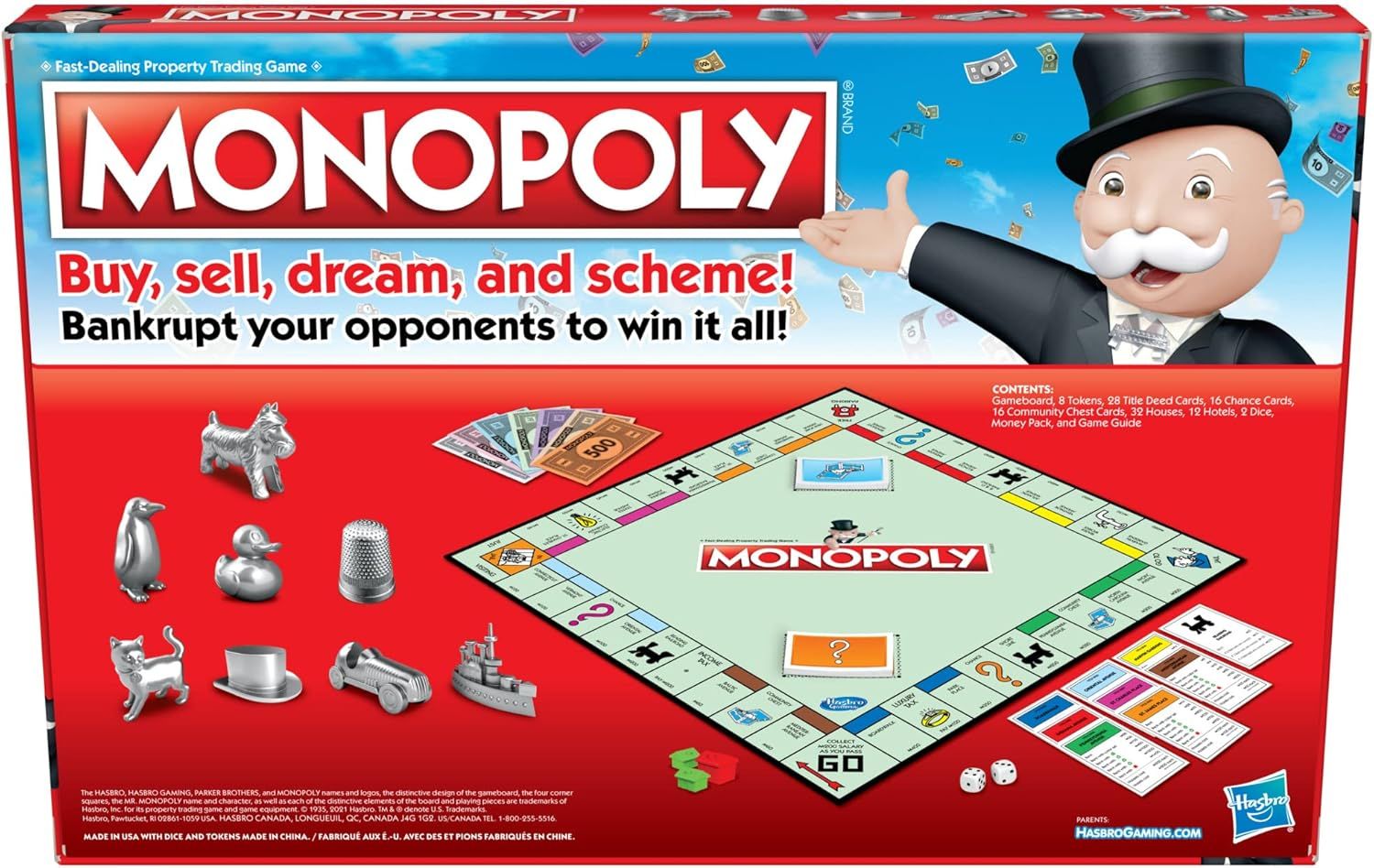 Shows all the components included in the Monopoly game box to help shoppers understand what they receive with their purchase.