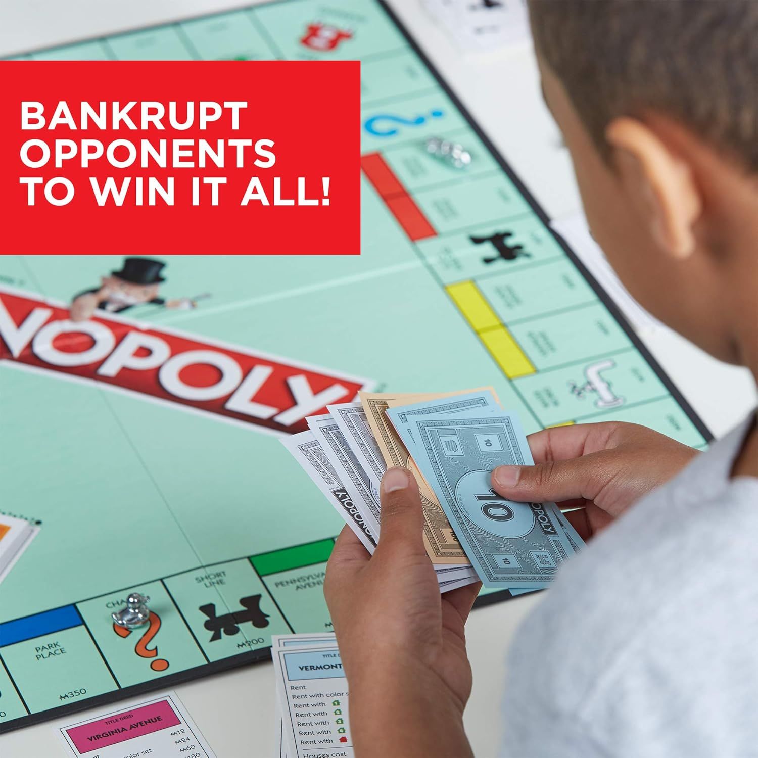 Communicates the strategic advantage and winning potential of the Monopoly game to appeal to competitive players and families looking for engaging…