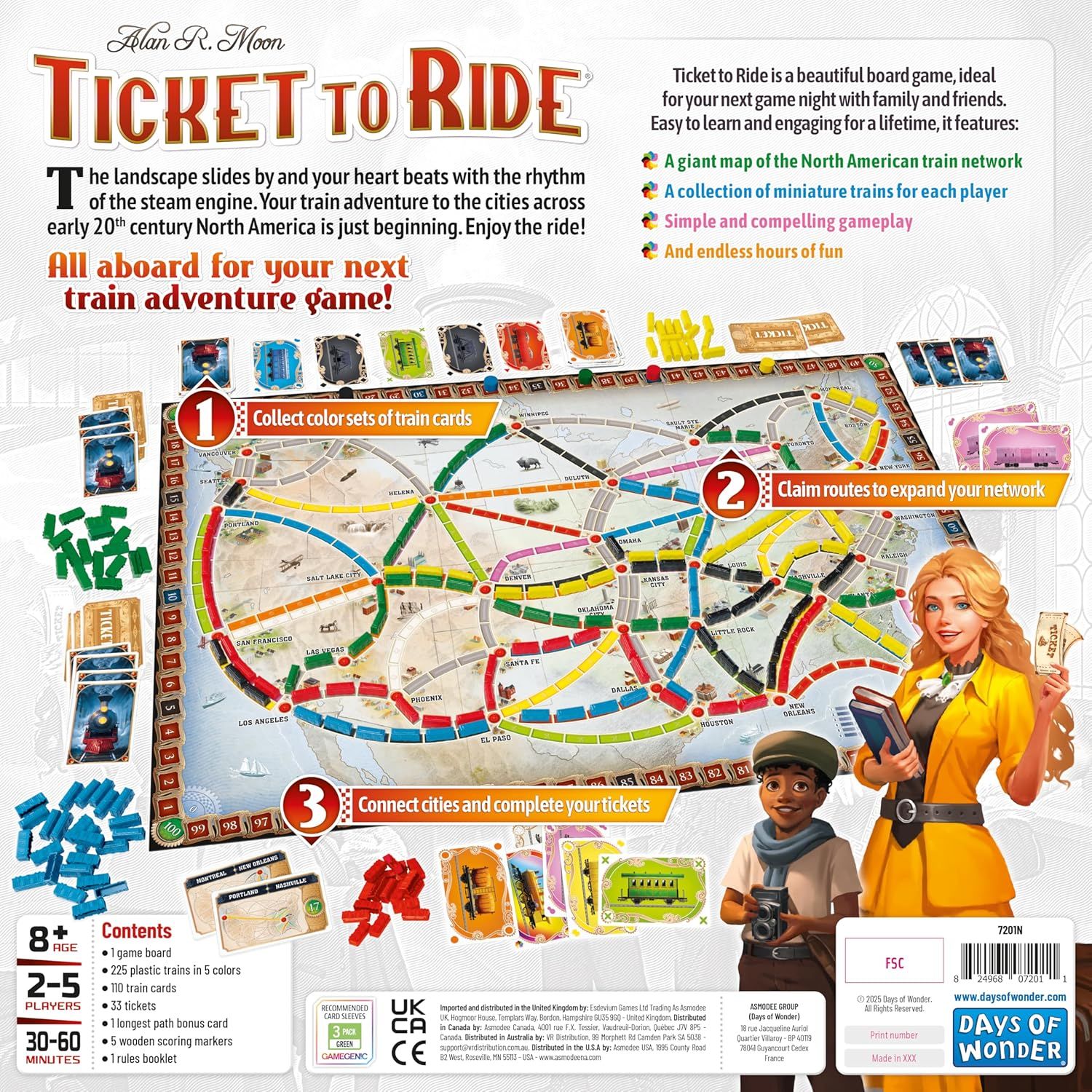 This image showcases multiple distinct features and benefits of the Ticket to Ride board game in a segmented layout with numbered callouts, highlighting the…