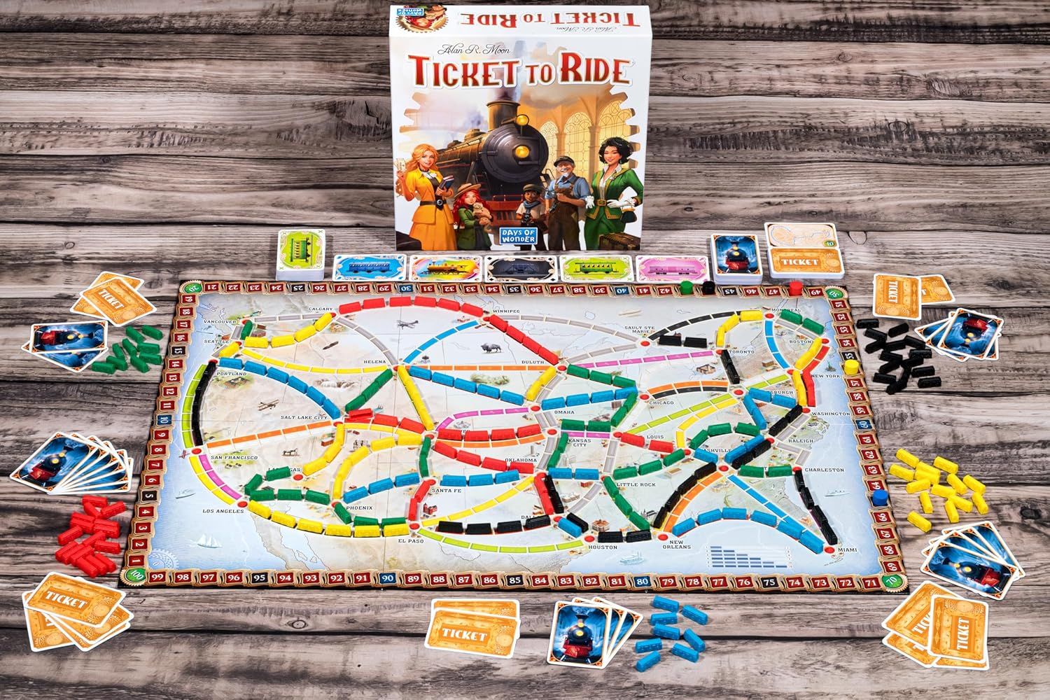 Shows all the components included in the Ticket to Ride board game package, helping shoppers understand the complete contents they will receive and the value…