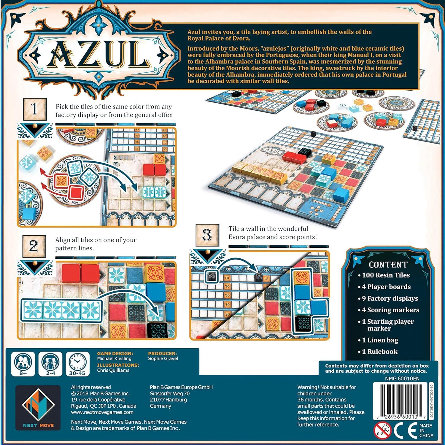 This image provides step-by-step instructions on how to play the Azul board game, showing shoppers the three main gameplay steps (pick tiles, align tiles,…