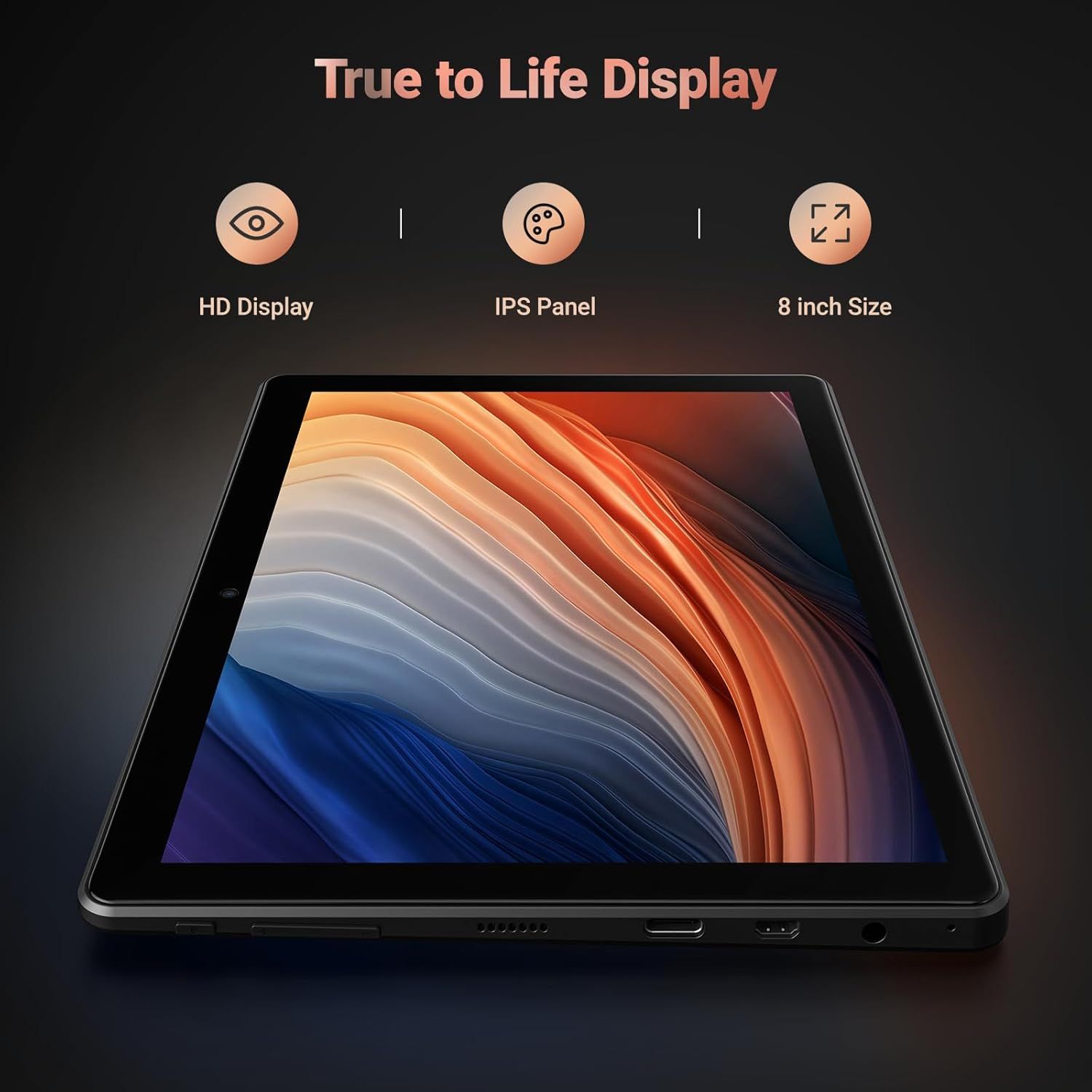 Communicates three distinct display specifications (HD quality, IPS panel technology, and screen size) to help shoppers understand the tablet's visual…
