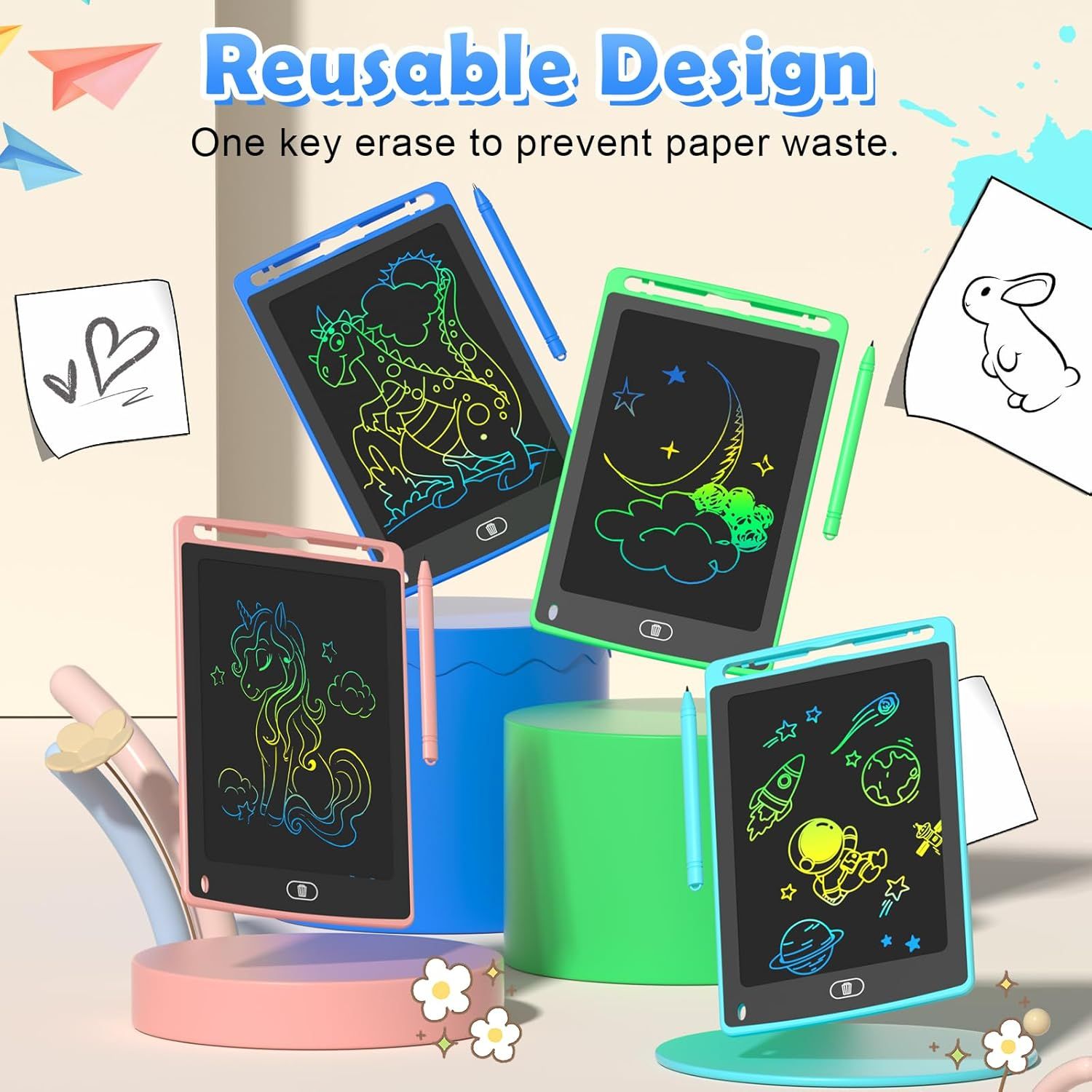 Communicates the environmental benefit of the reusable drawing tablets, emphasizing that they help prevent paper waste and offer a sustainable alternative to traditional paper. Highlights the core…