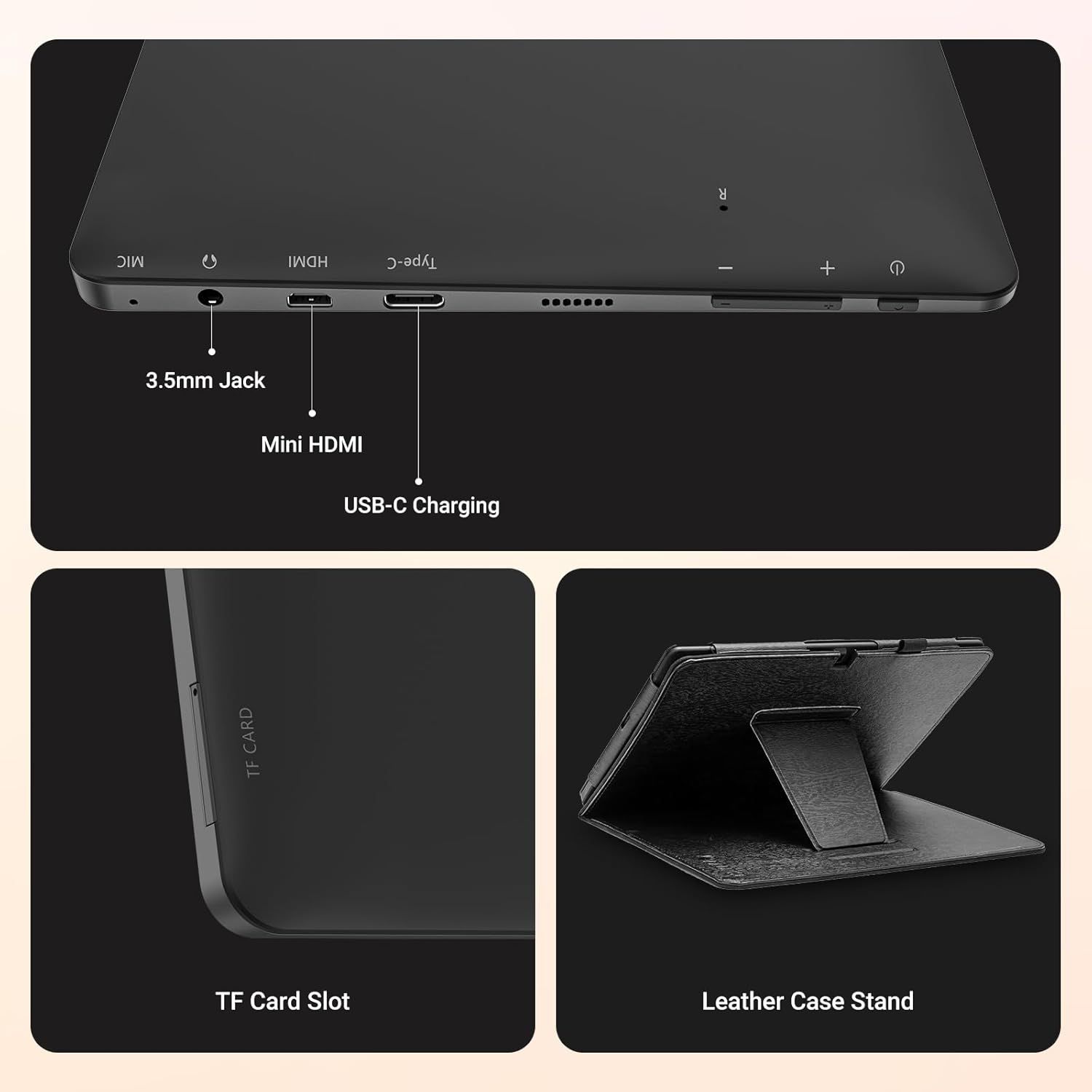 This image breaks down the physical components and features of the tablet device, showing shoppers exactly where key ports and accessories are located to help…