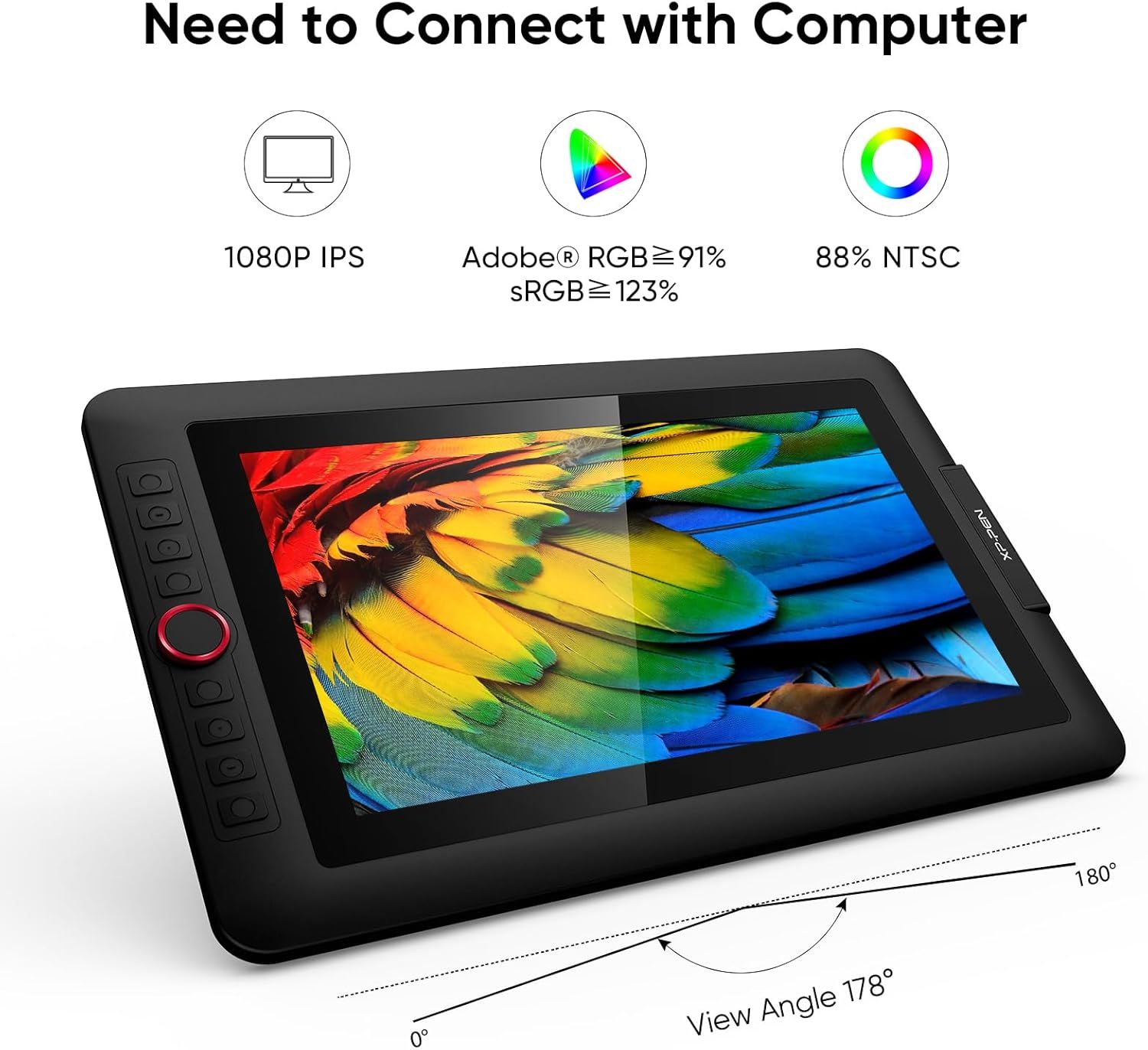 Communicates multiple technical specifications and benefits of the drawing tablet display, including resolution, color accuracy metrics, and viewing angle to…