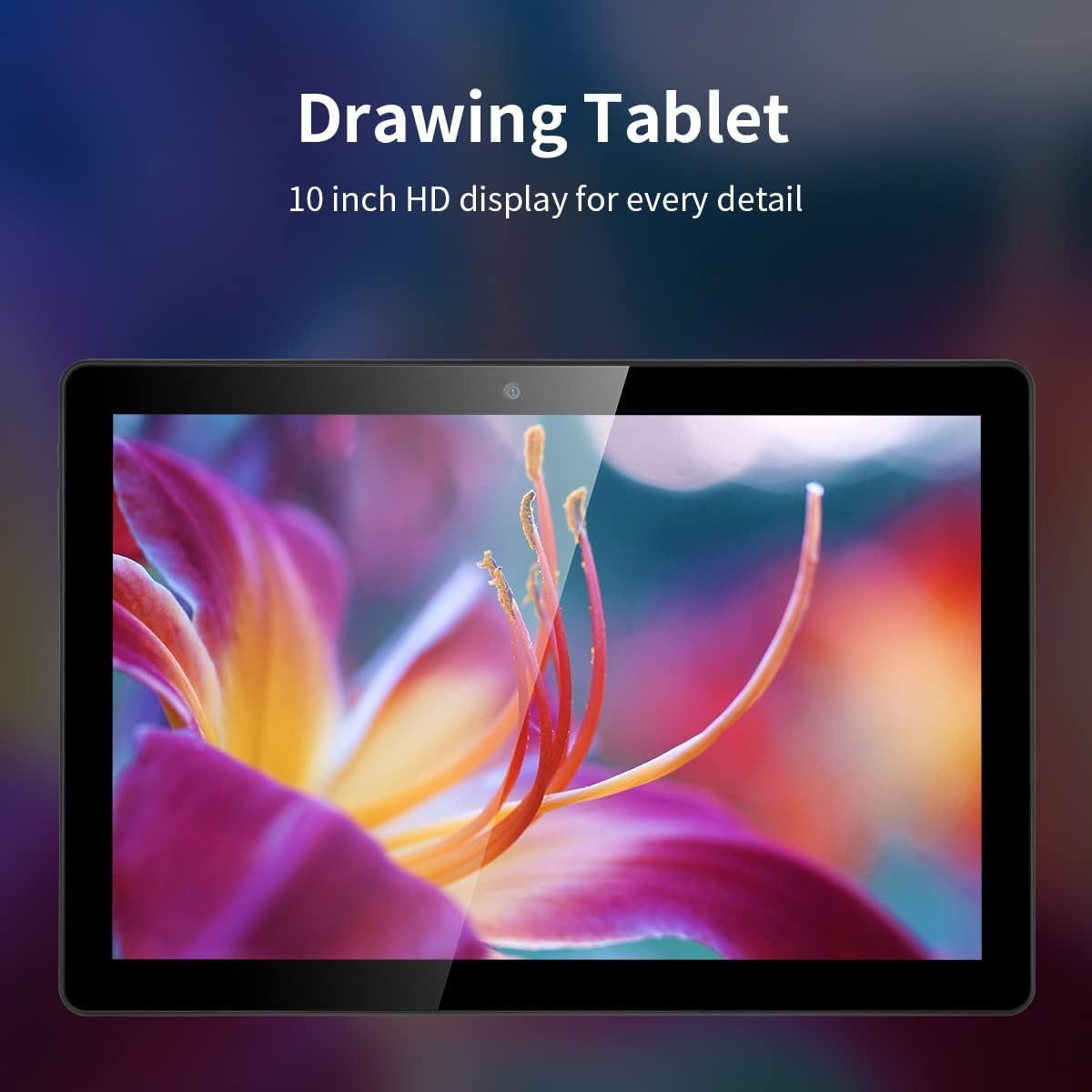 Highlights the drawing tablet's high-definition 10-inch display to communicate visual clarity and detail quality for artists and designers.