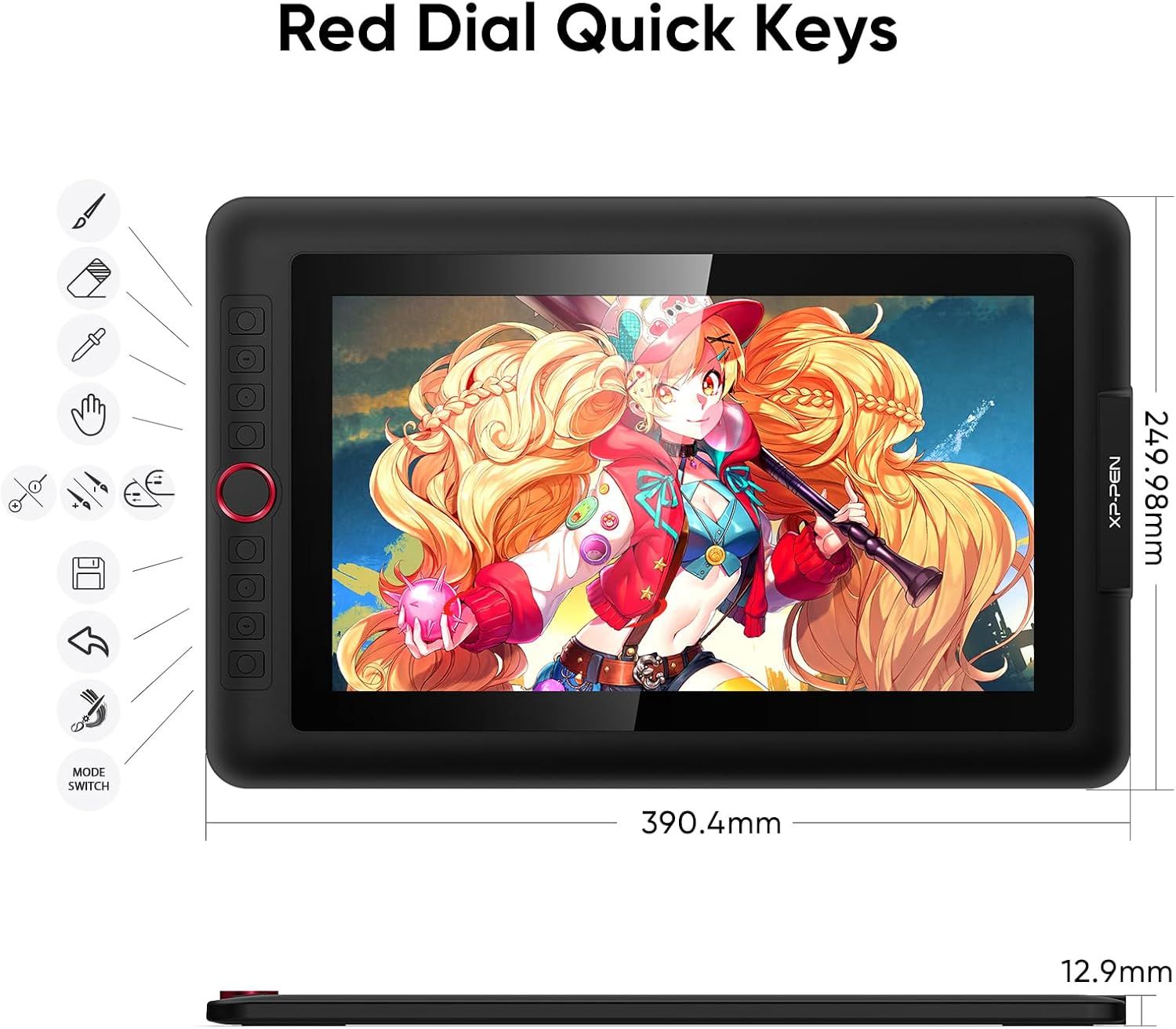 Communicates the exact physical dimensions of the drawing tablet (390.4mm width, 249.98mm height, 12.9mm thickness) to help shoppers understand the size and…