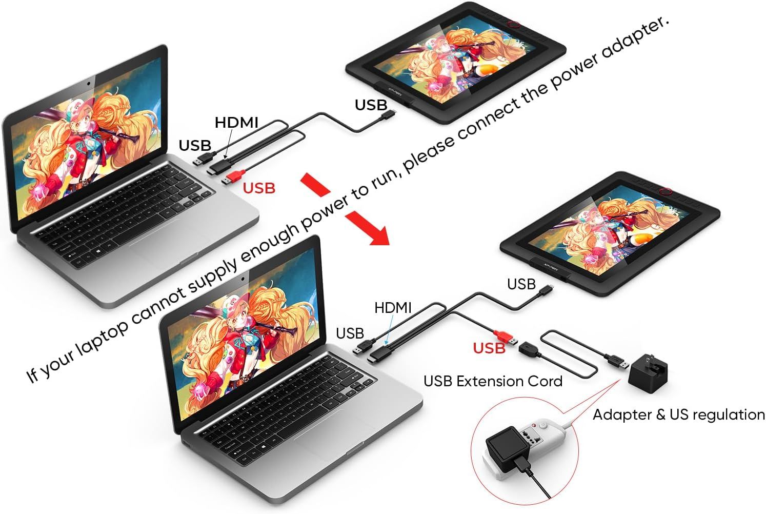 Demonstrates two different setup methods for connecting the drawing tablet to a laptop, showing how to properly power the device depending on the laptop's…