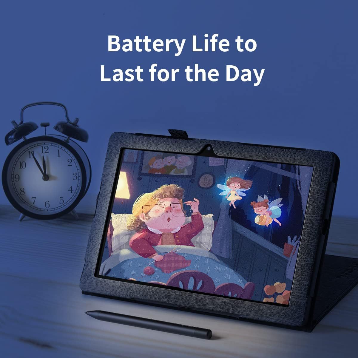 Communicates that the tablet has long-lasting battery performance that can last throughout an entire day, reassuring parents or buyers about extended usage…
