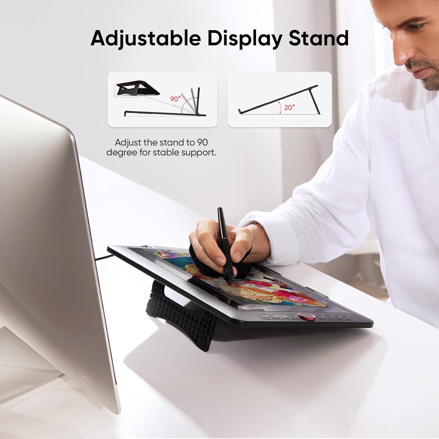 Demonstrates the adjustable stand feature with specific angle options (90° and 20°) to reassure shoppers that the product offers flexible positioning for…