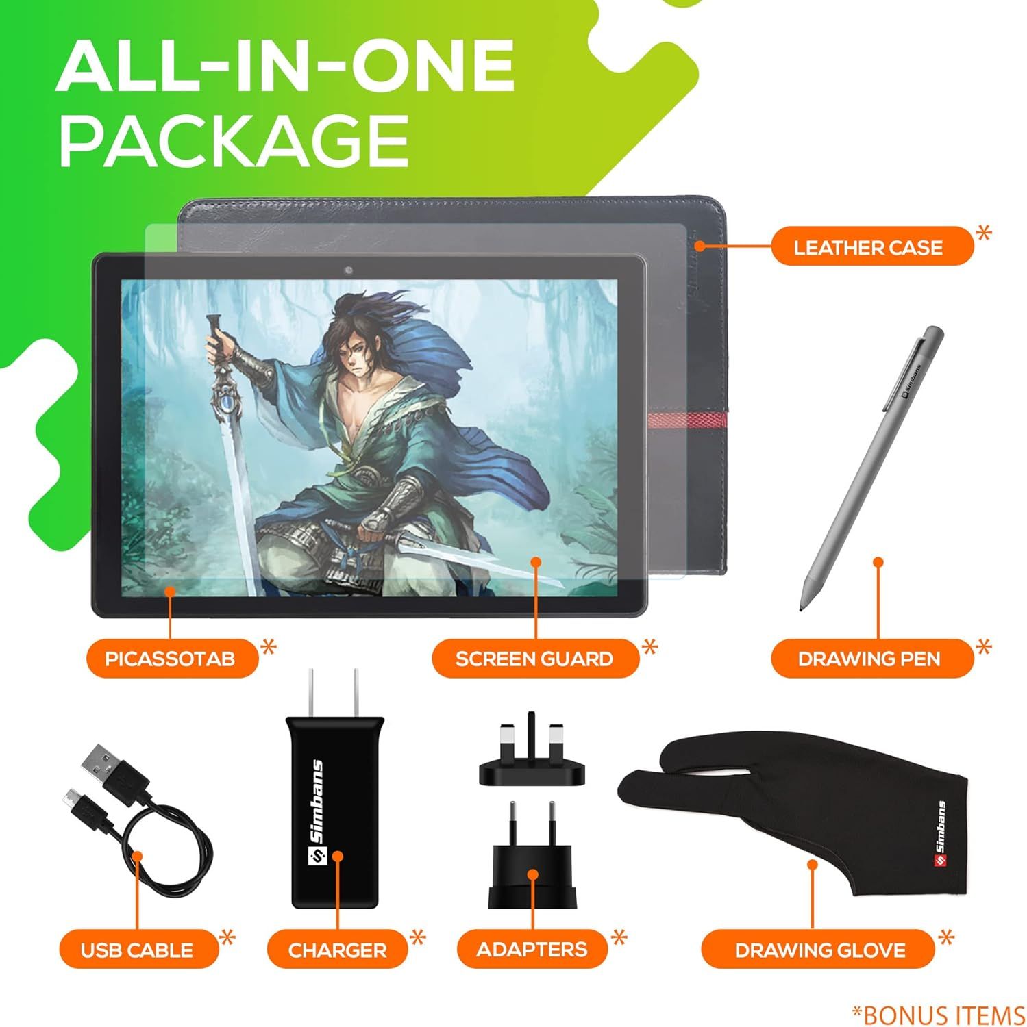Shows all items included with the purchase to communicate value and completeness of the package, including the tablet, leather case, screen guard, drawing…