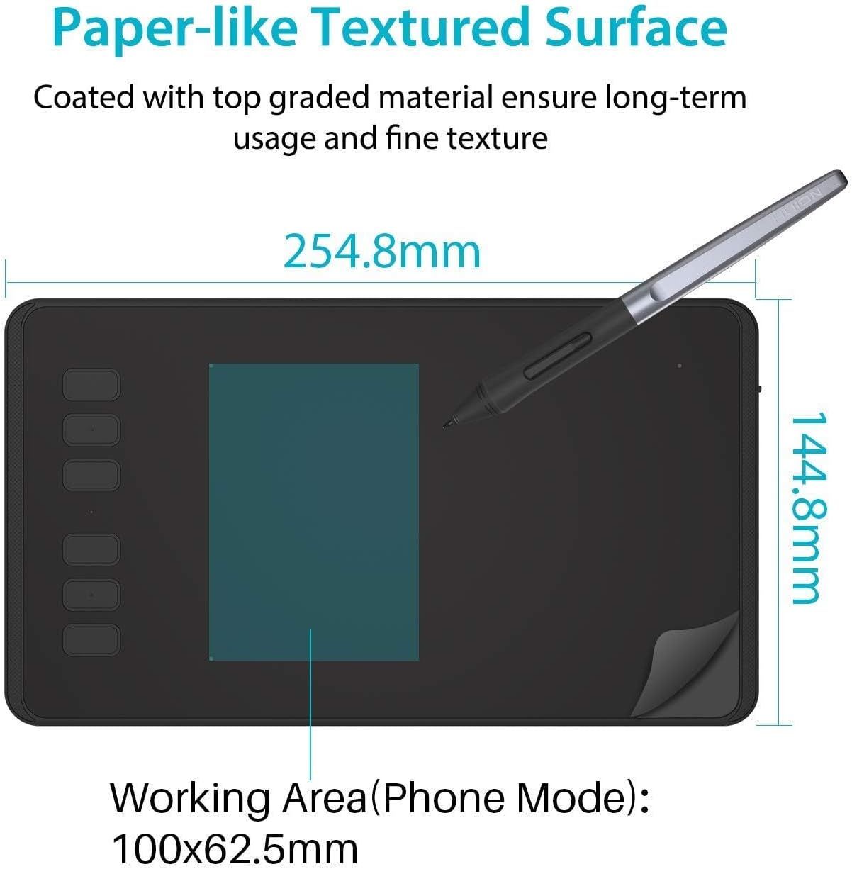 Communicates the exact physical dimensions of the drawing tablet (254.8mm x 144.8mm) and its working area (100x62.5mm in phone mode) to help shoppers…
