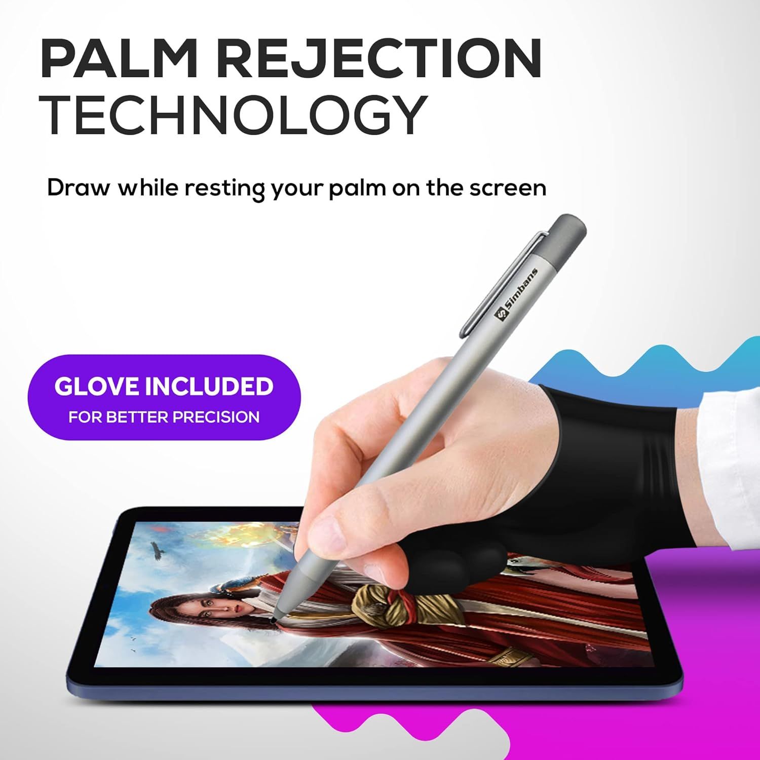 Communicates that the stylus allows users to rest their palm on the screen while drawing, providing a natural and comfortable drawing experience without…
