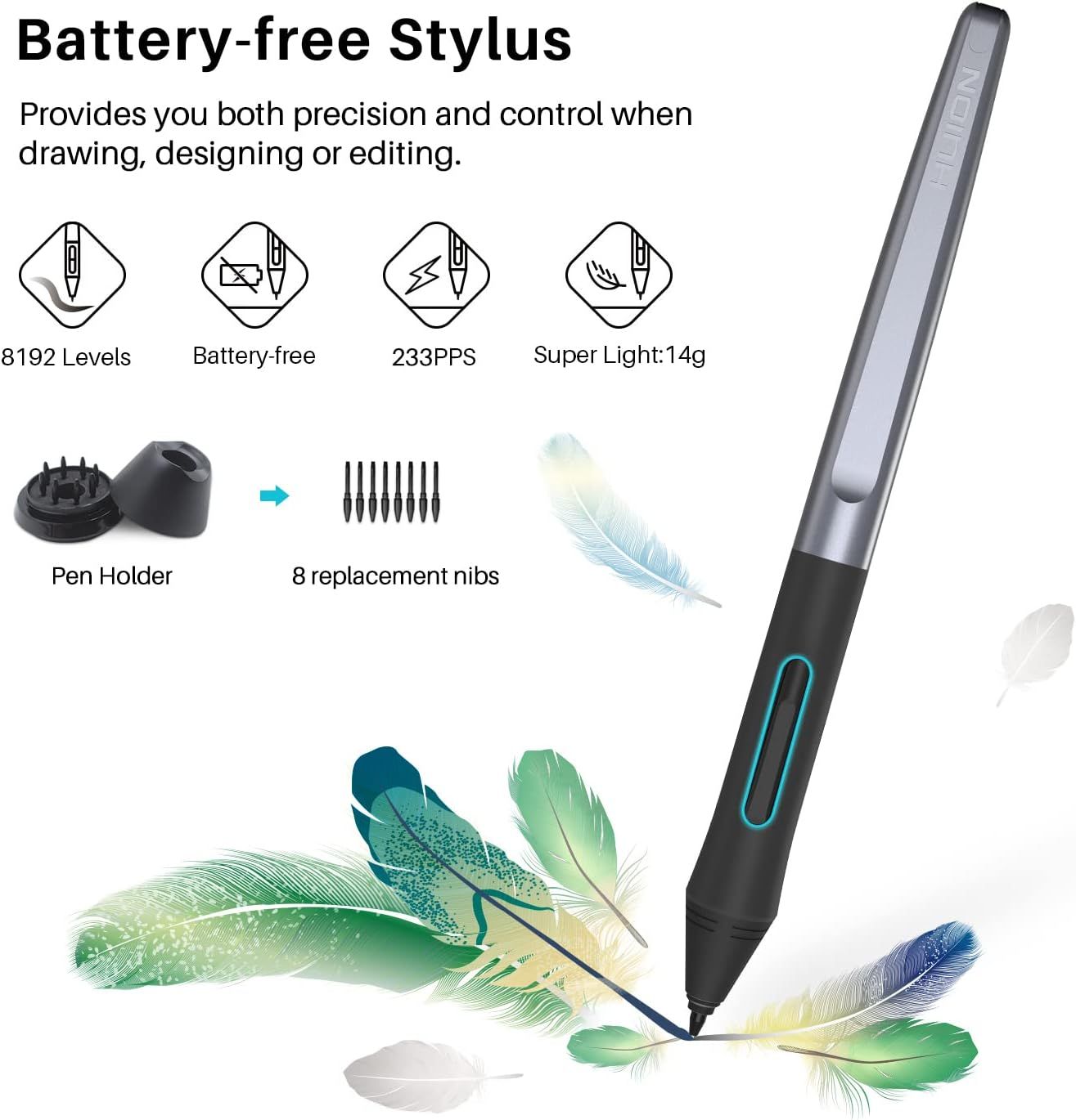 Communicates multiple key features and benefits of the stylus in a segmented layout with icons and text, showing precision levels, battery-free operation,…