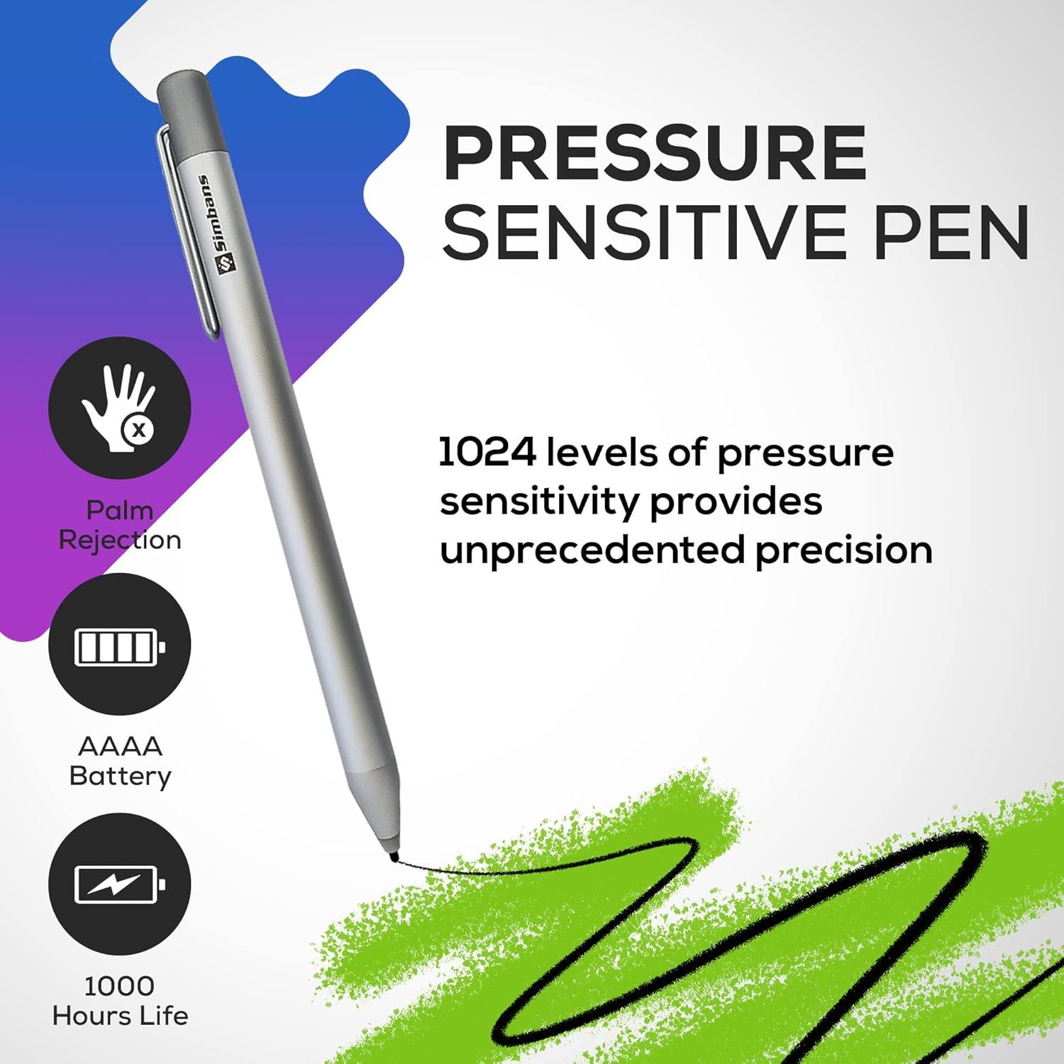 Communicates multiple key features of the stylus pen including its precision pressure sensitivity, palm rejection technology, battery type, and extended…