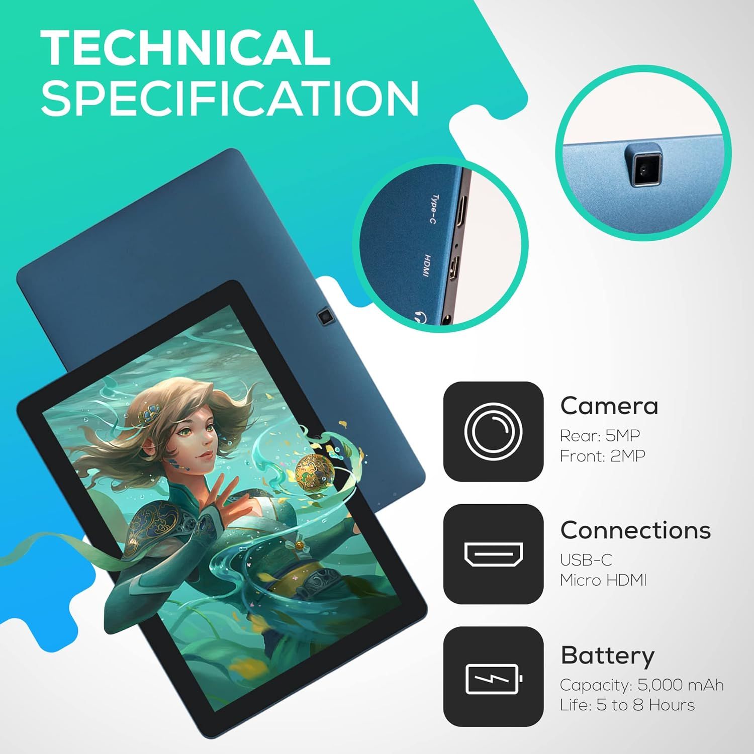 Communicates multiple technical specifications of the tablet including camera quality, connection ports, and battery performance to help shoppers understand…