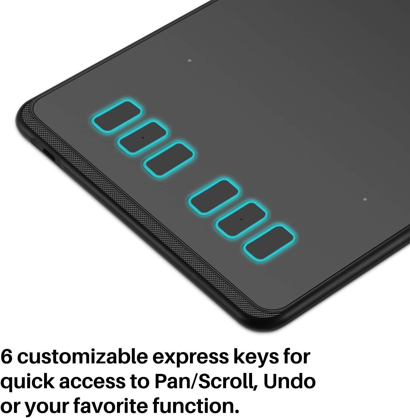 Highlights the product's 6 customizable express keys that provide quick access to frequently used functions, emphasizing convenience and workflow efficiency…