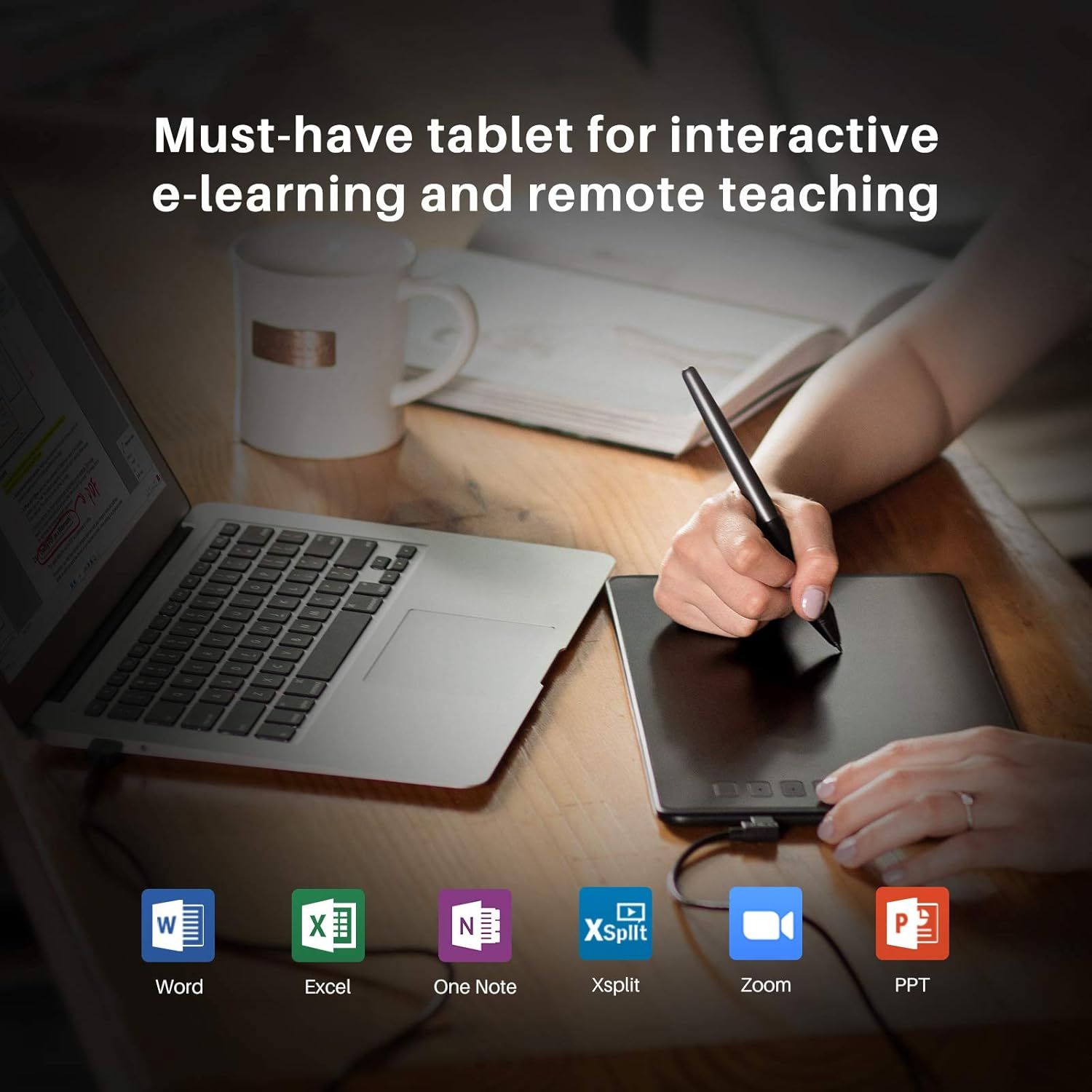 Demonstrates the tablet's versatility by showing it works with multiple productivity and communication applications (Word, Excel, OneNote, Xsplit, Zoom, PowerPoint), positioning it as ideal for…