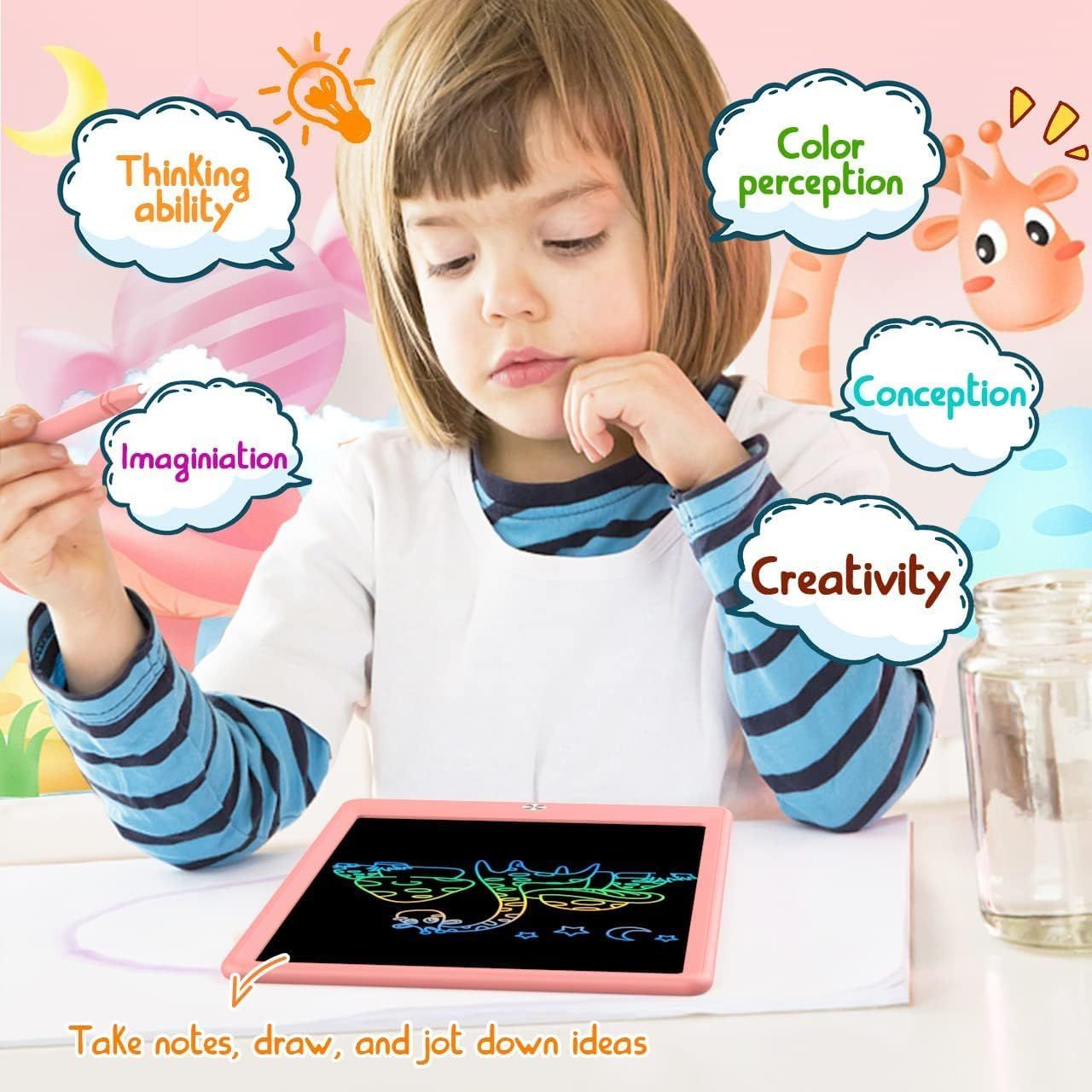 Communicates multiple developmental and cognitive benefits of the drawing tablet for children, showing how it supports various aspects of learning and…